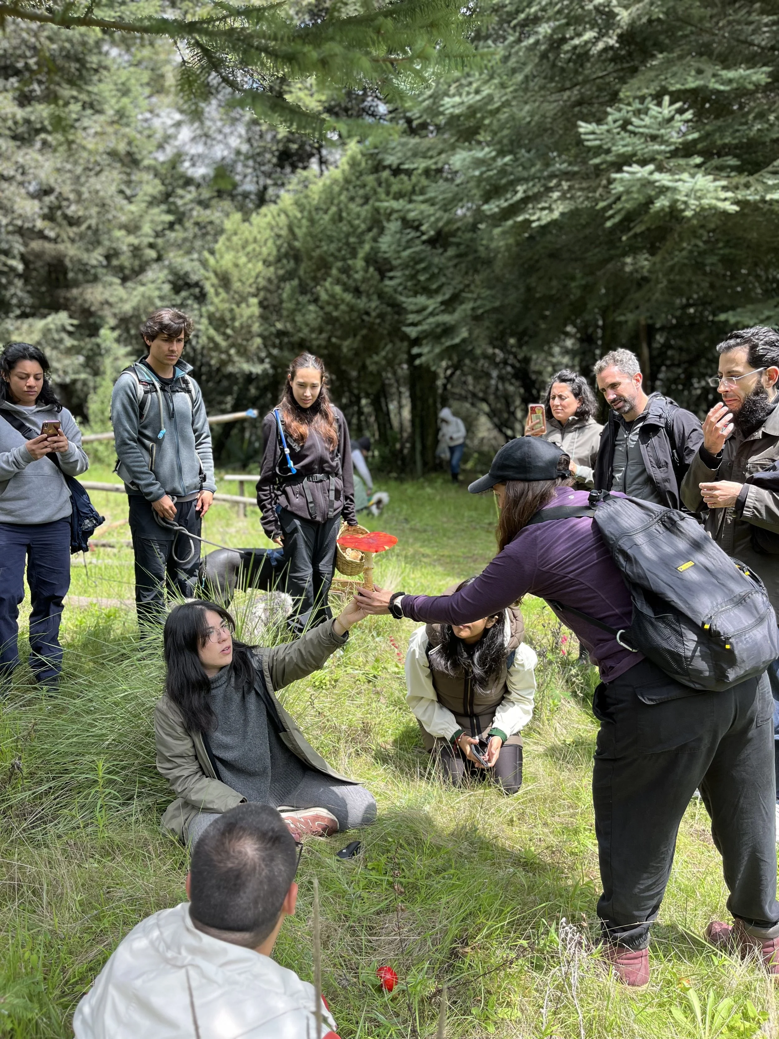 Grupo de personas participando en un taller al aire libre en un bosque, algunas sosteniendo palitos y una mujer ofreciendo algo en un recipiente de color rojo.