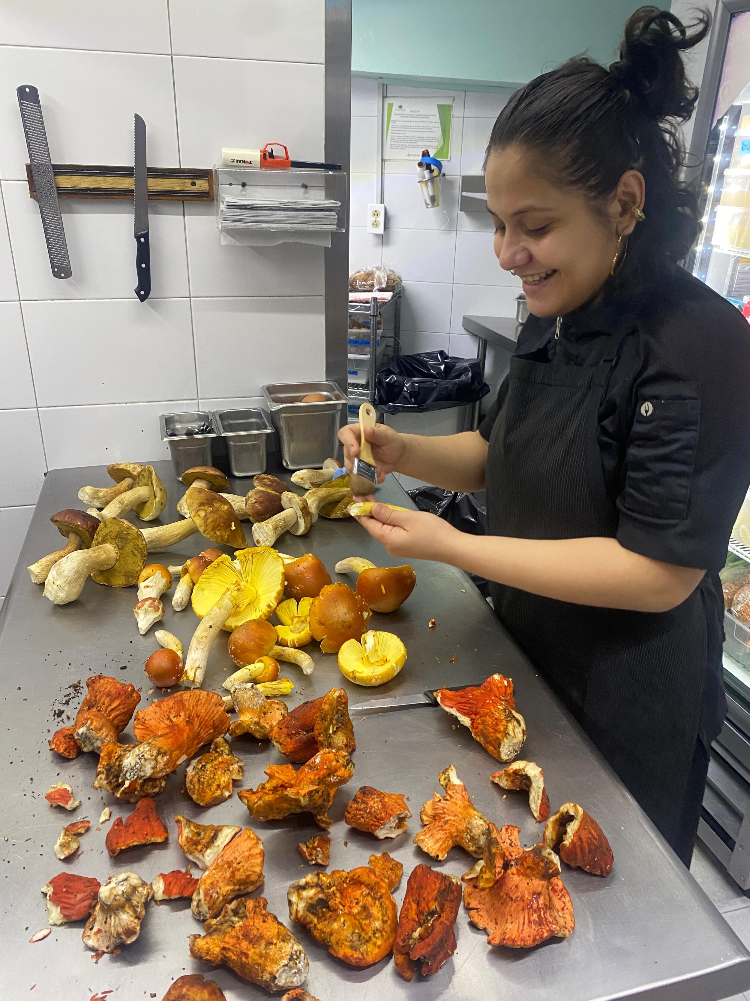 Mujer chef o cocinera sosteniendo un hongo mientras lo limpia en una mesa de acero, rodeada de diferentes tipos de hongos comestibles y venenosos, en una cocina o área de preparación.