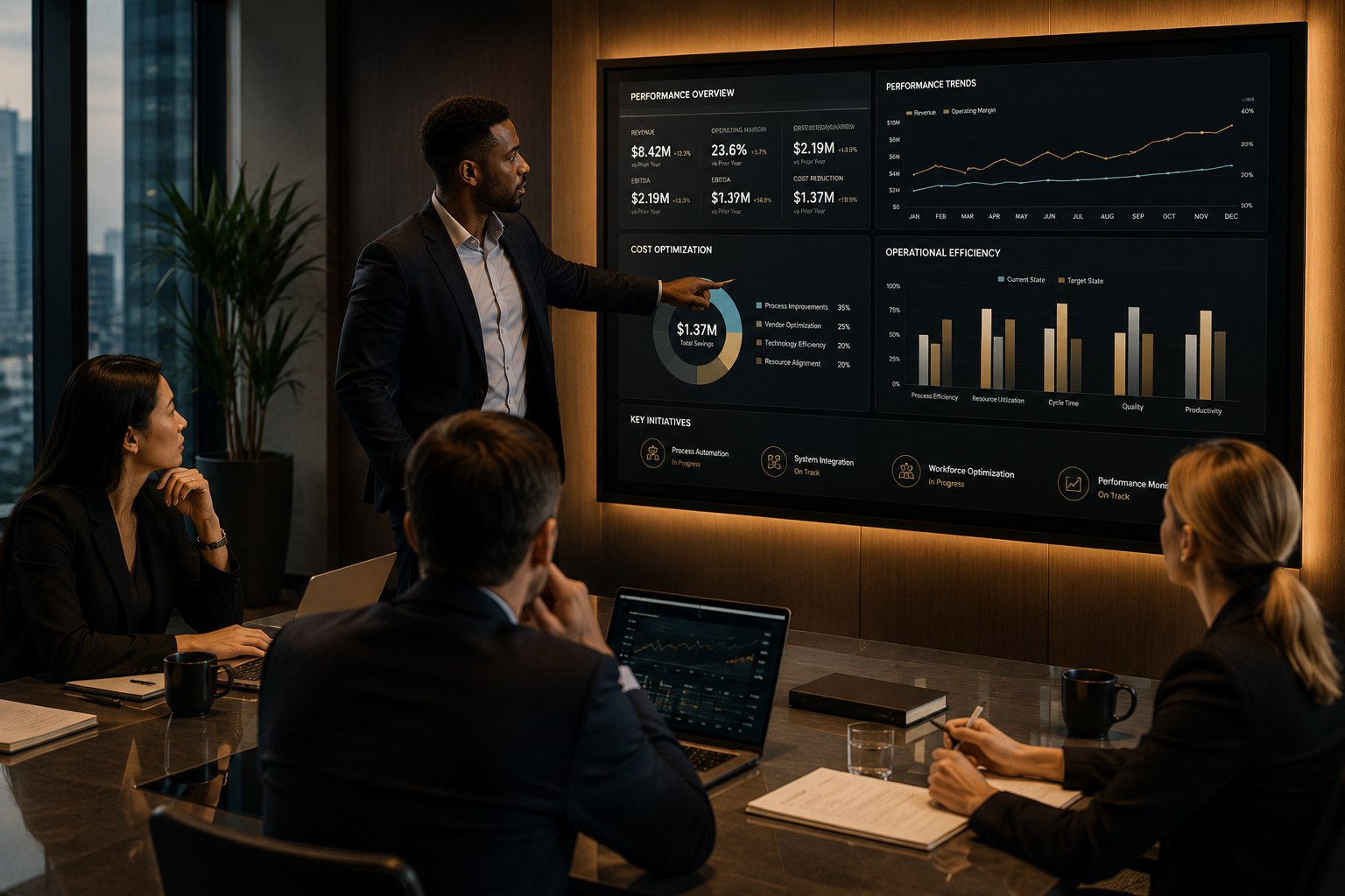 A man in a suit giving a presentation to a group of four people in a conference room with a large digital screen displaying business performance data and charts.