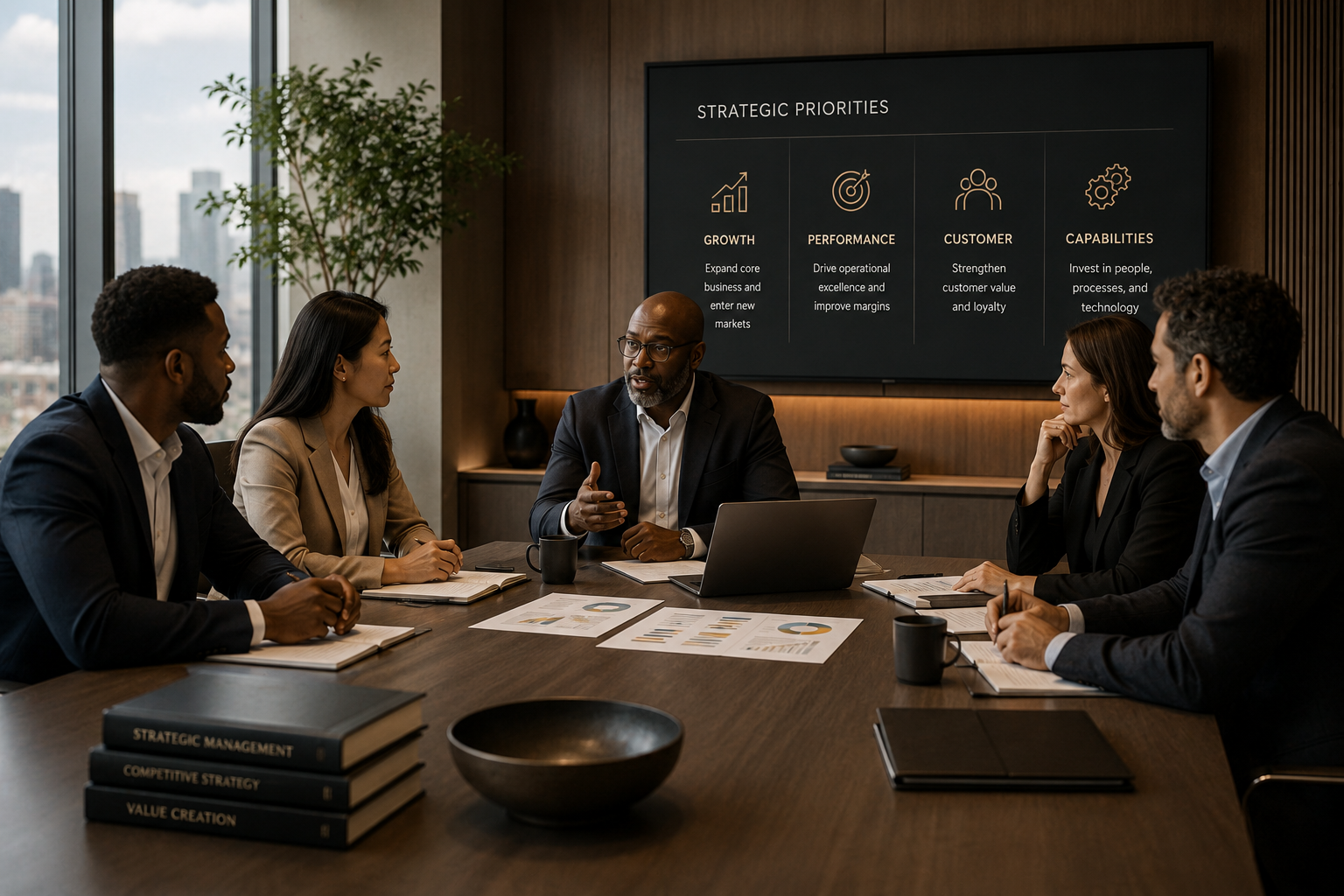 Six professionals having a meeting in a modern conference room with large windows, a cityscape, a wood-paneled wall, and a screen displaying strategic priorities.