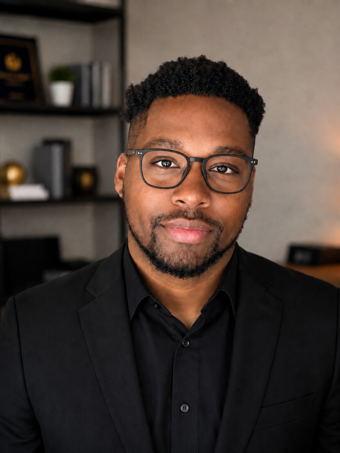 A man wearing glasses and a black suit in an office setting.