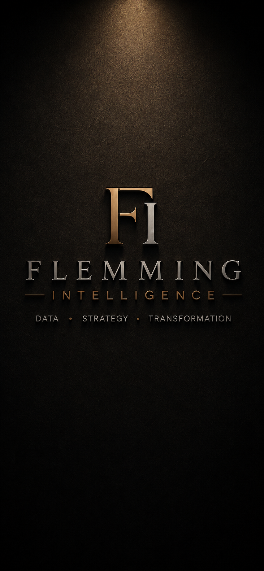 The image features a dark textured background with gold and silver text that reads "Flemming Intelligence" and below it, the words "Data, Strategy, Transformation."
