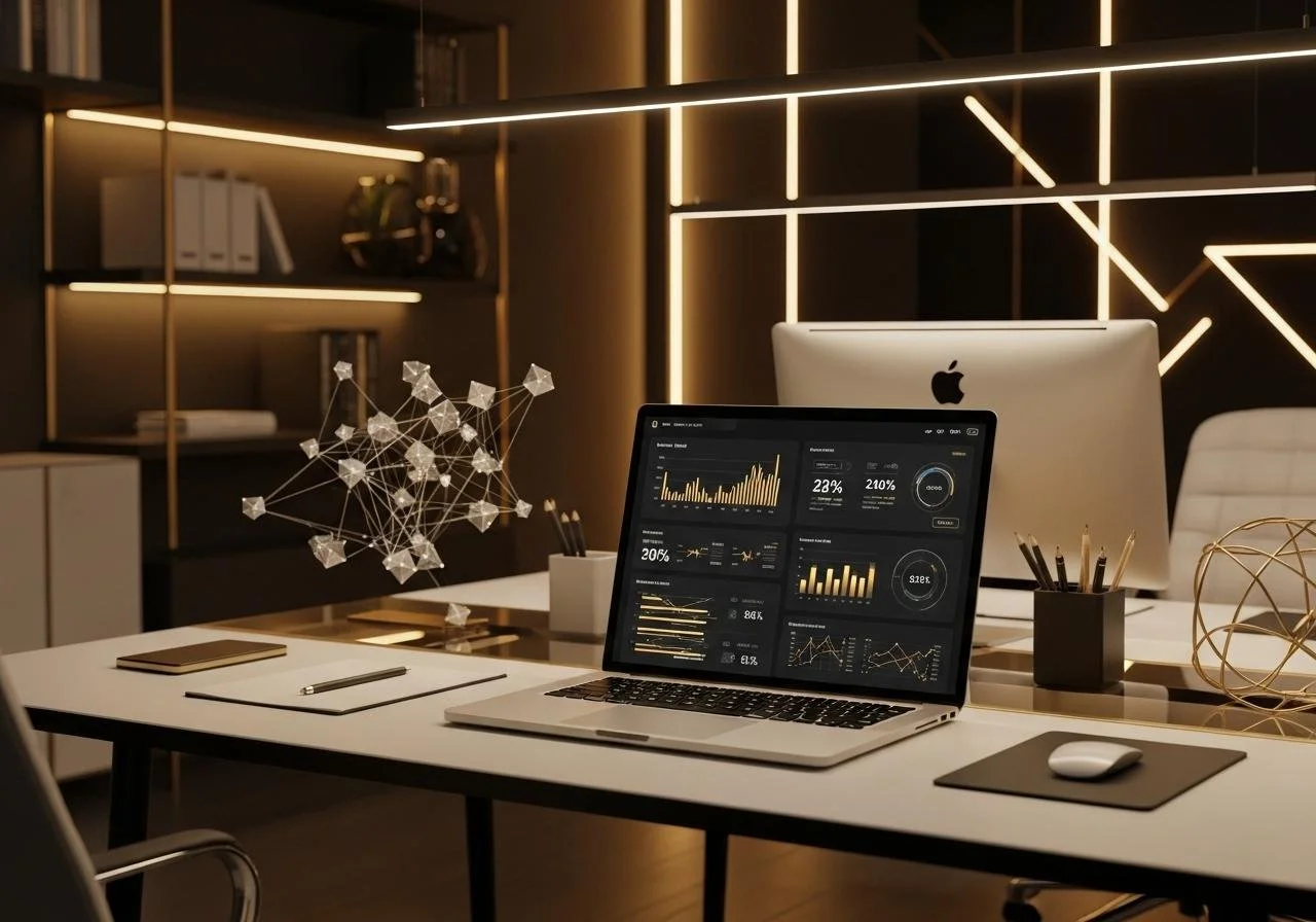 A modern office workspace featuring a laptop displaying various financial charts and data, a desktop computer, a mouse on a mouse pad, a notepad, pen, decorative geometric sculpture, and a background with unique angular lighting designs.