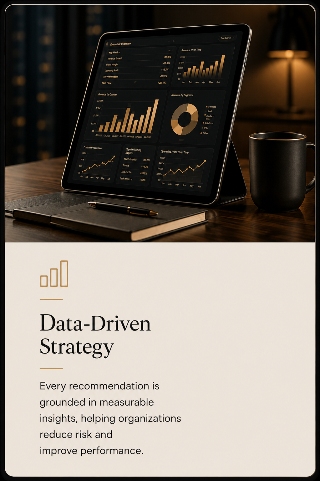 A tablet displaying various business and financial graphs on a dark screen, placed on a wooden desk with a closed notebook, a pen, a coffee mug, and a dimly lit background. The text below reads, 'Data-Driven Strategy' with additional descriptive text.
