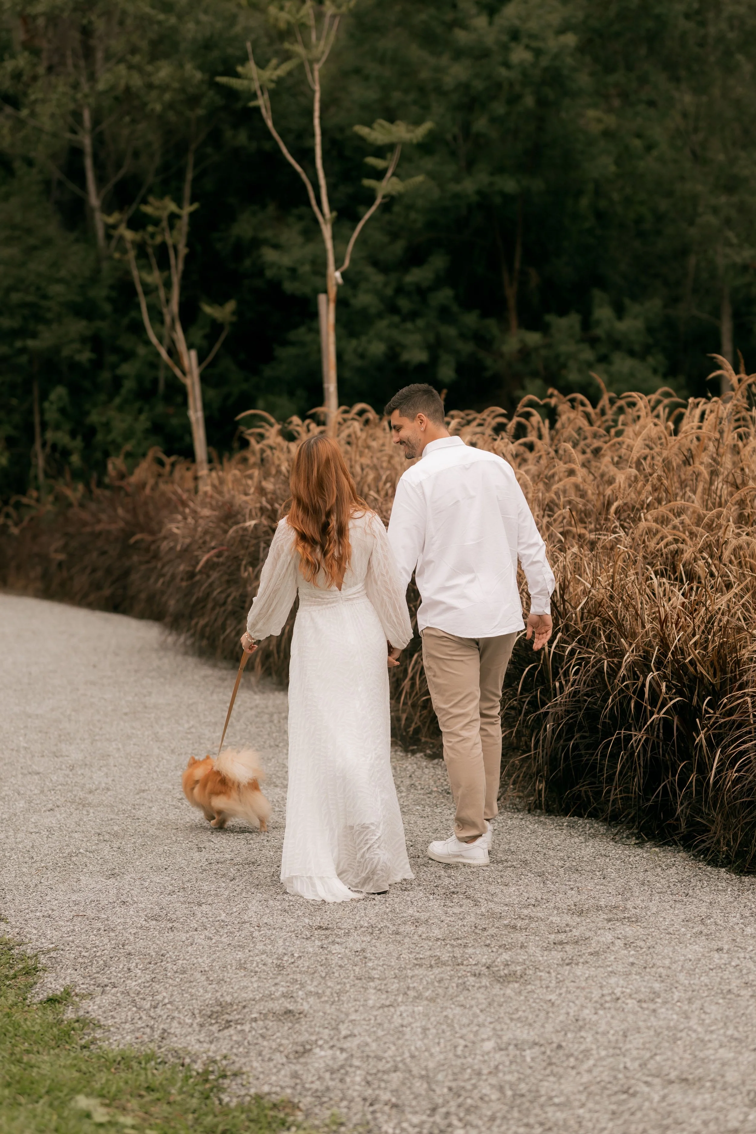 A relaxed wedding couple walks their dog down a quiet rural property road.