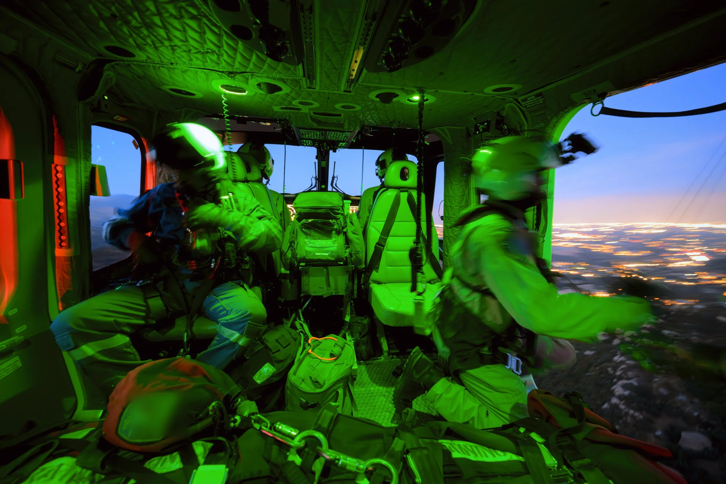 Night crew operating in the cabin during a mission