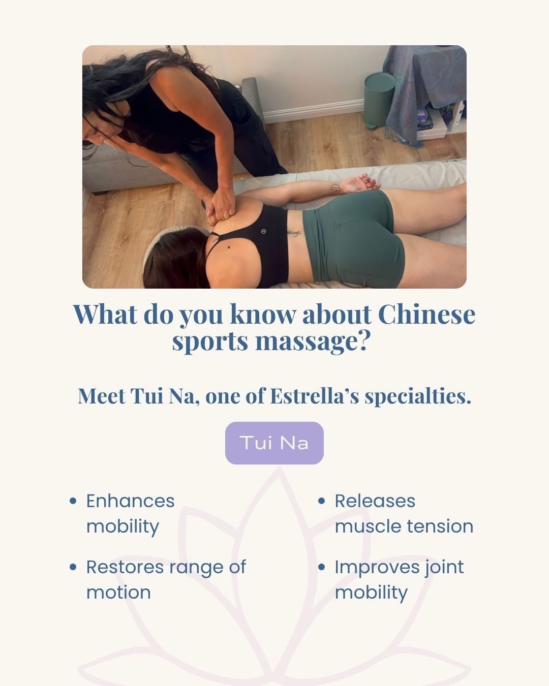 Have you ever heard of Tui Na?

If not, you&rsquo;re definitely not alone.

Tui Na (pronounced twee nah) is a form of Chinese sports massage and one of @the.estrella.panacea &lsquo;s specialties.

Rather than focusing solely on relaxation, Tui Na is 