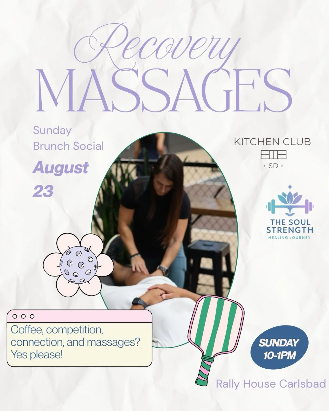 Pickleball + brunch + massage? I&rsquo;m in 🏓💆&zwj;♀️✨

I&rsquo;ll be popping up at @kitchenclubsd&rsquo;s Sunday Brunch Social on August 23 at @rallyhousepbc, offering recovery massages to keep everyone feeling good on and off the court 🙌

Come p