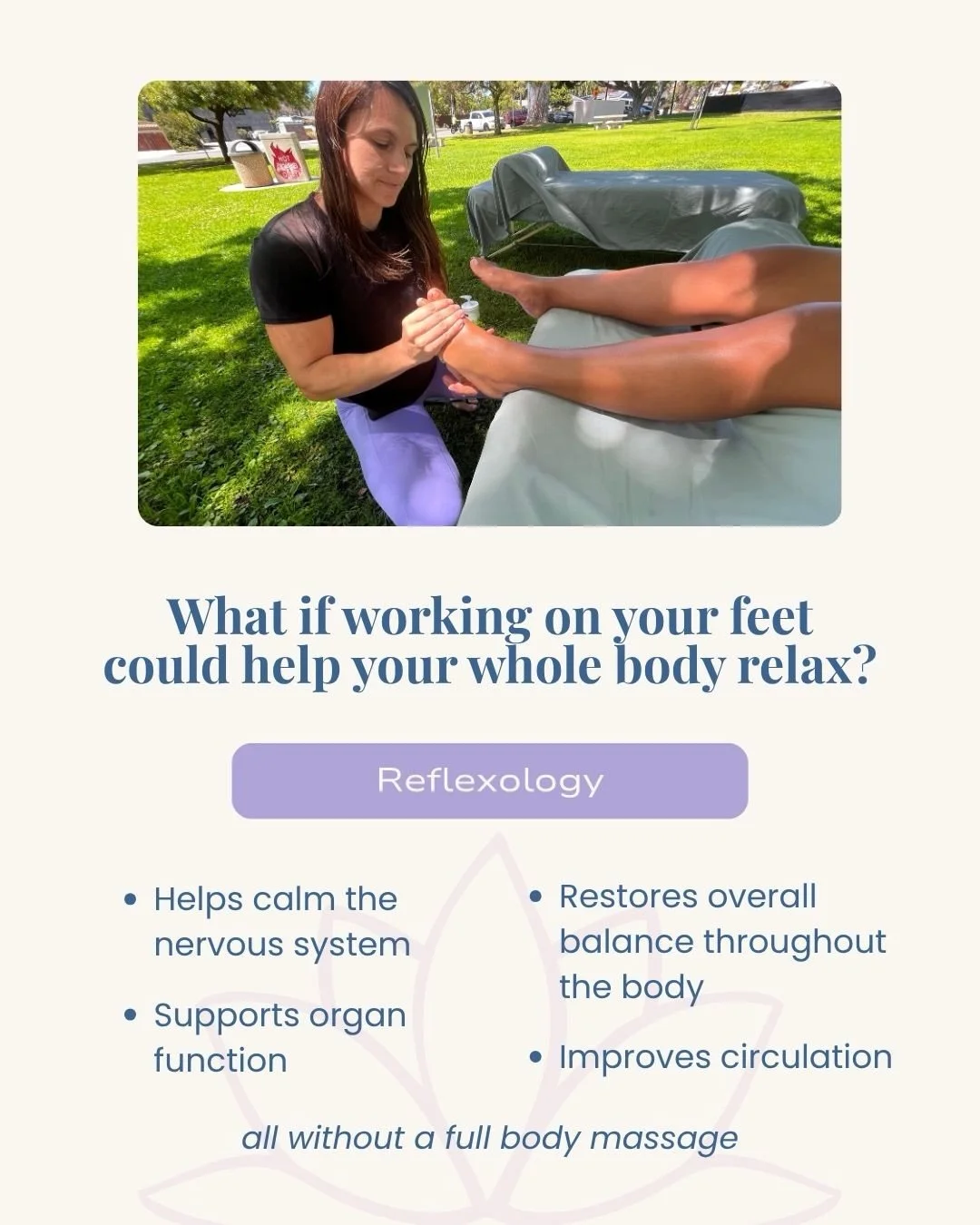 What if working on your feet could help your whole body relax? 👣✨

Reflexology is an ancient therapeutic practice based on the idea that the feet and hands are a map of the entire body, with different reflex points traditionally believed to correspo