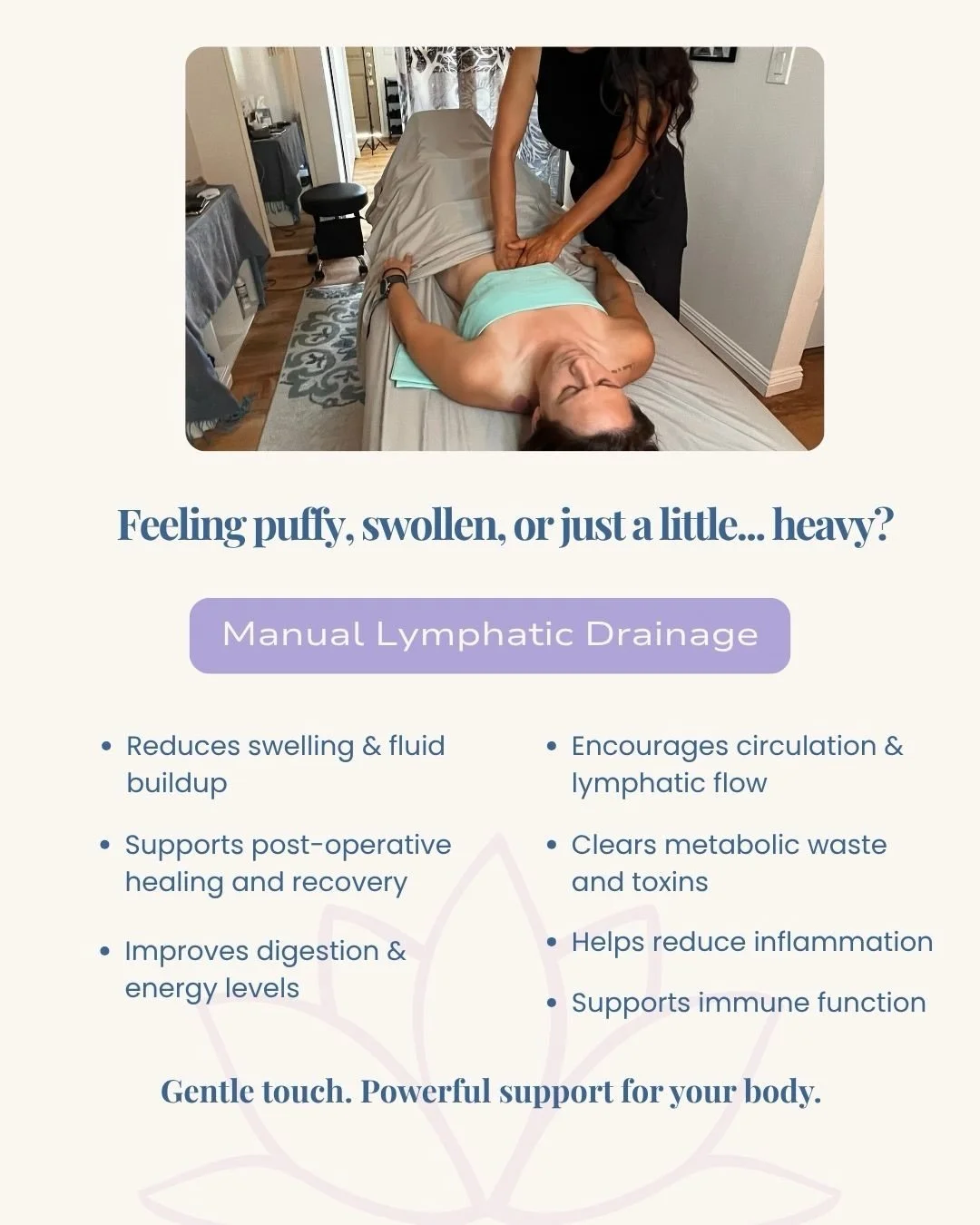 Feeling puffy, swollen, or like your body could use a little extra support? 💜

Manual Lymphatic Drainage (MLD) is very different from a traditional massage.

Using gentle, rhythmic, light-touch movements, MLD works with your lymphatic system to enco