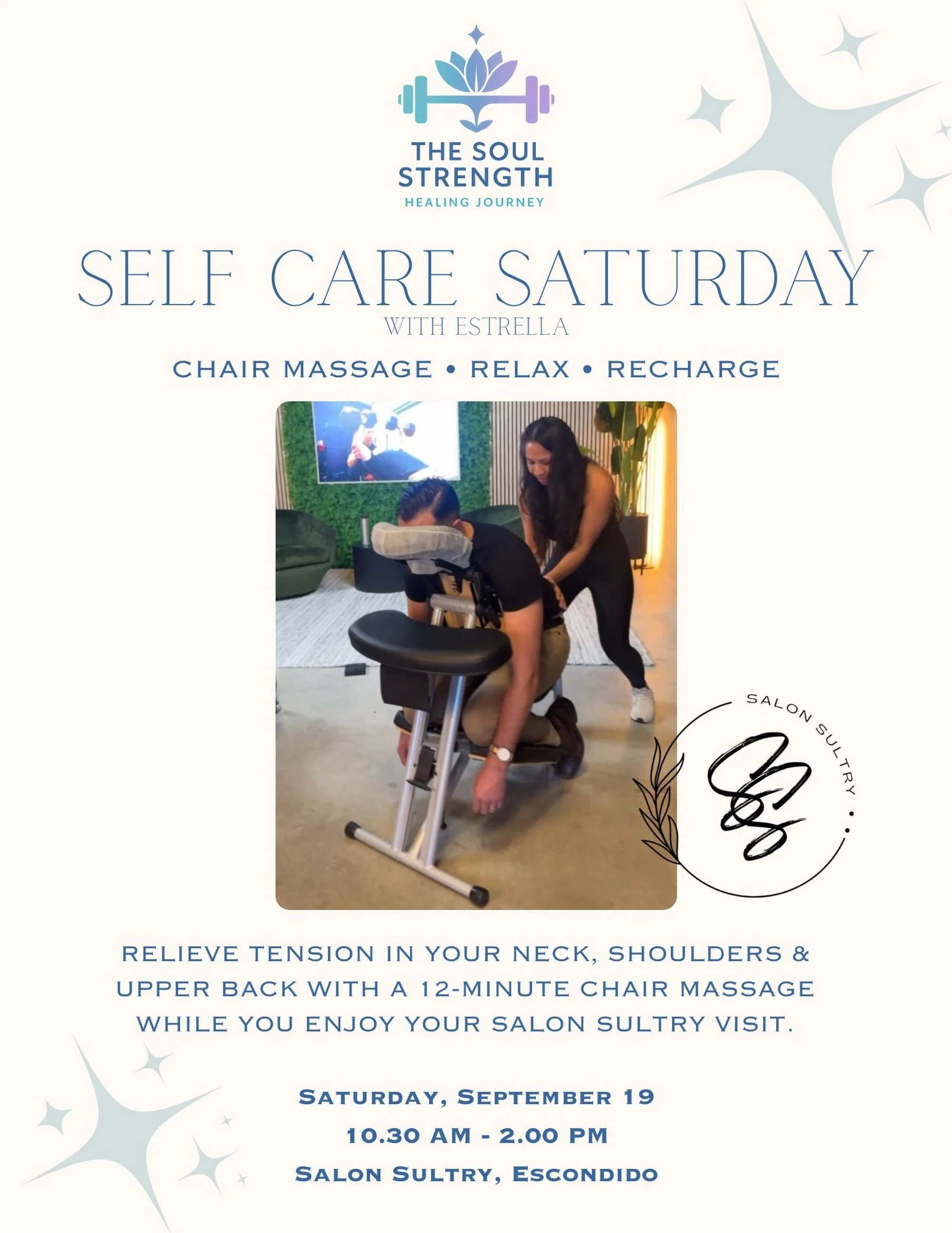 Self Care Saturday this weekend @salonsultryongrand ✨

This time, @the.estrella.panacea will be joining the Salon Sultry crew for a little mid-day reset 💆&zwj;♀️

While you&rsquo;re getting your hair done, take 12 minutes just for you with a relaxin