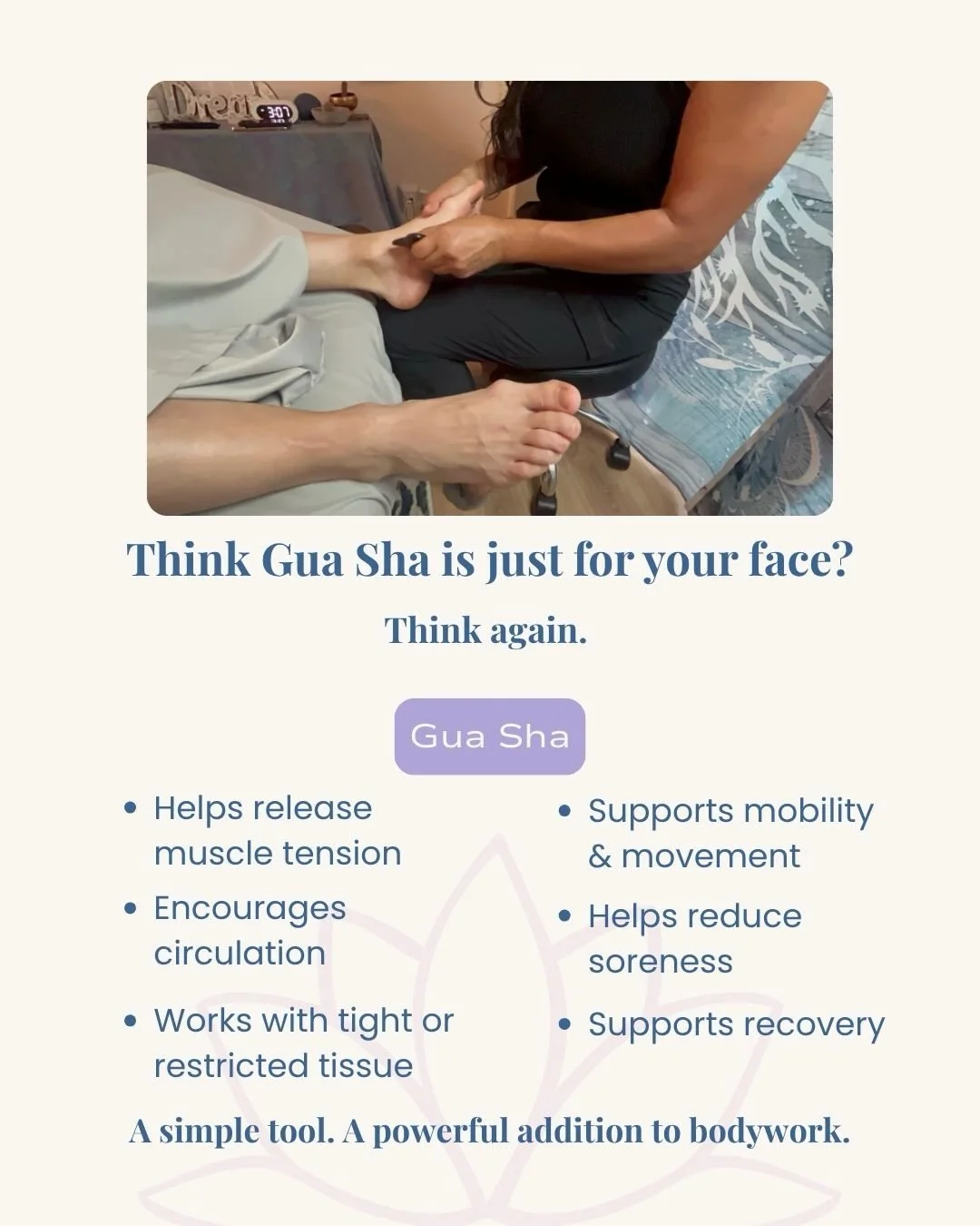 Think Gua Sha is just for your face? Think again. 👀

While facial Gua Sha has become incredibly popular, Gua Sha has been used as a traditional bodywork technique for centuries.

Body Gua Sha uses a smooth-edged tool that is stroked across the skin 