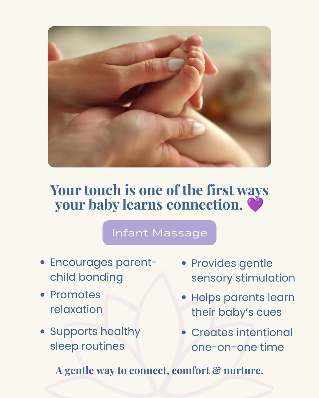 Your touch is one of the first ways your baby experiences comfort, safety, and connection. 💜

And that&rsquo;s what makes Infant Massage a little different from the other modalities we offer.

This isn&rsquo;t about handing your baby over to a massa