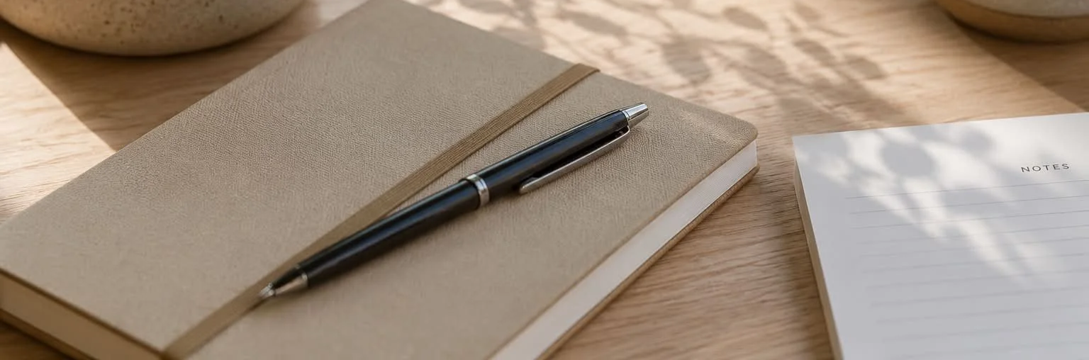 A black pen resting on a closed beige notebook with a strap on a wooden surface. To the right, there is a lined notebook titled 'Notes'. Shadows of leaves are cast on the notebooks.