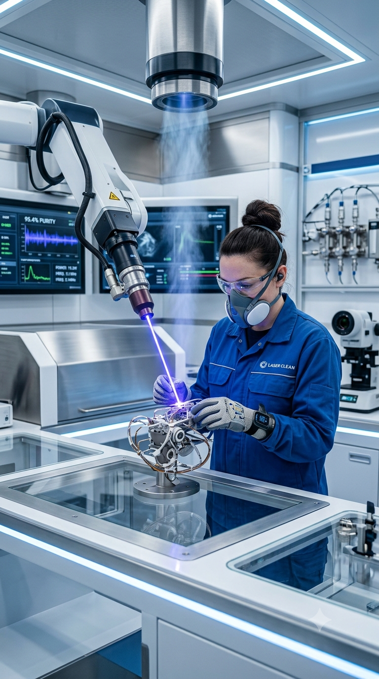 Nettoyage avec un laser dans un laboratoire high-tech.