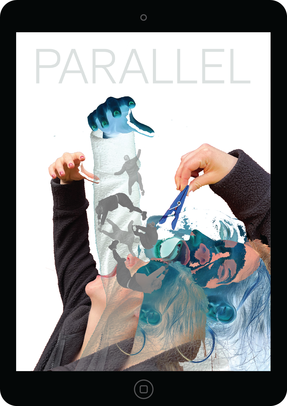 A woman with blue hair and glasses lying down with multiple layers of her face, and pairs of hands customizing her appearance with scissors and other tools. The background features the word 'PARALLEL' at the top and vertical images of people ice skating.