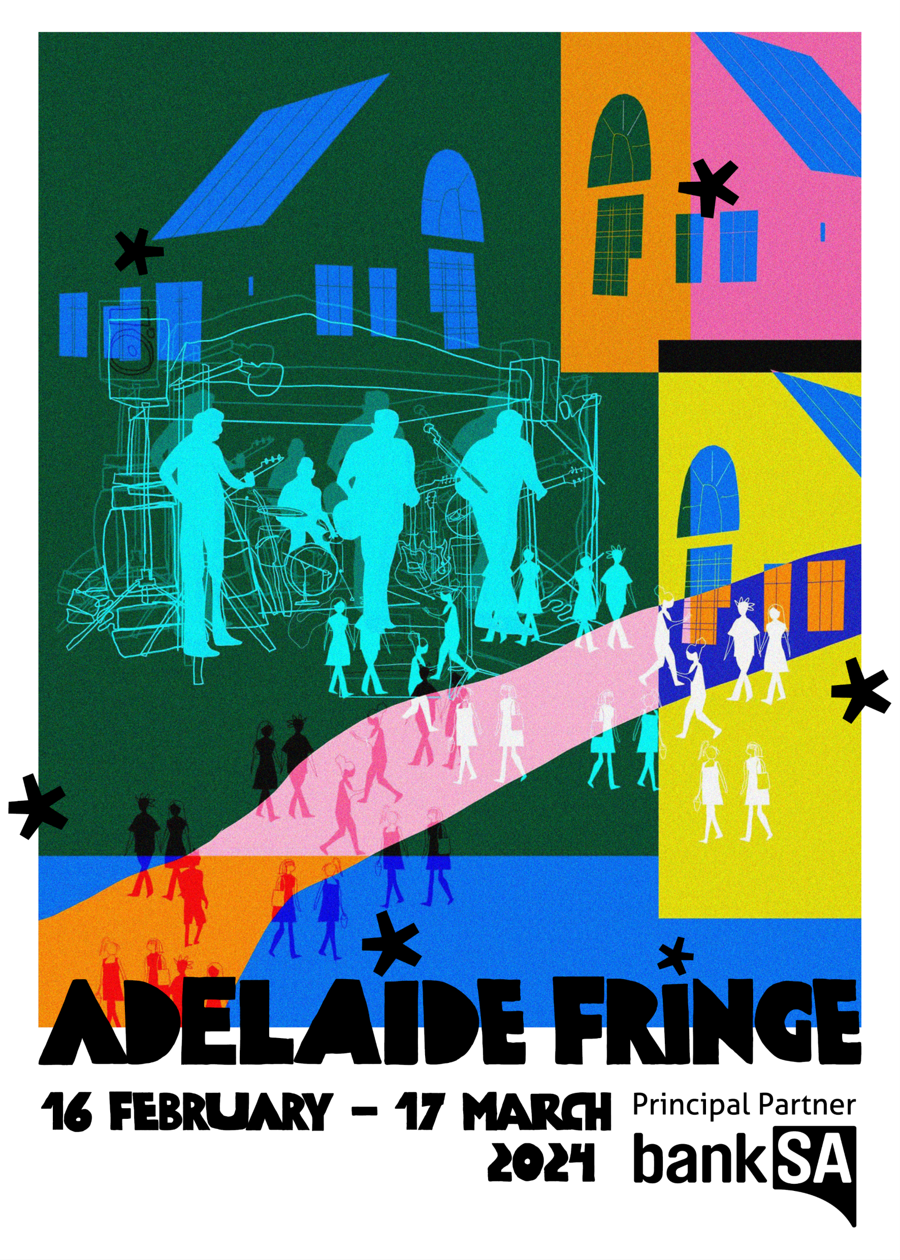 Event poster with colorful abstract background and silhouettes of people playing music and dancing, promoting the Adelaide Fringe festival from February 16 to March 17, 2024, with text indicating principal partner bankSA.
