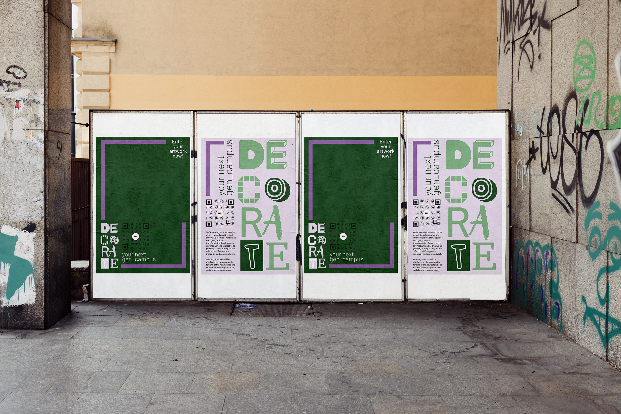 Three posters on a closed gate promoting art submissions for a university campus. The posters are green and purple with the words 'DE CIRATE' and snippets of text inviting artwork submissions.