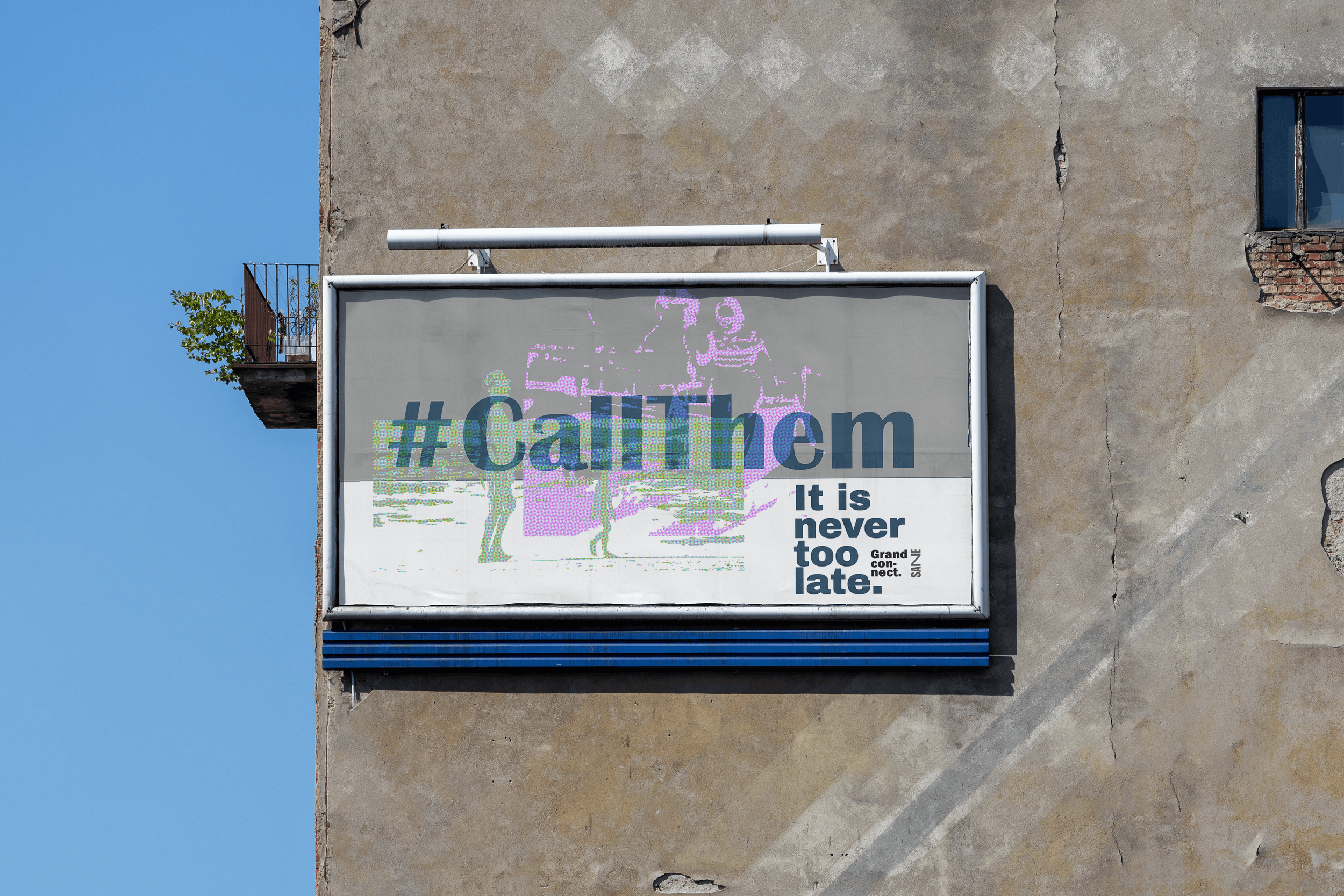 Urban billboard with hashtag #Calithen and a faintly visible graphic of children playing, mounted on a weathered concrete wall with a blue sky background.