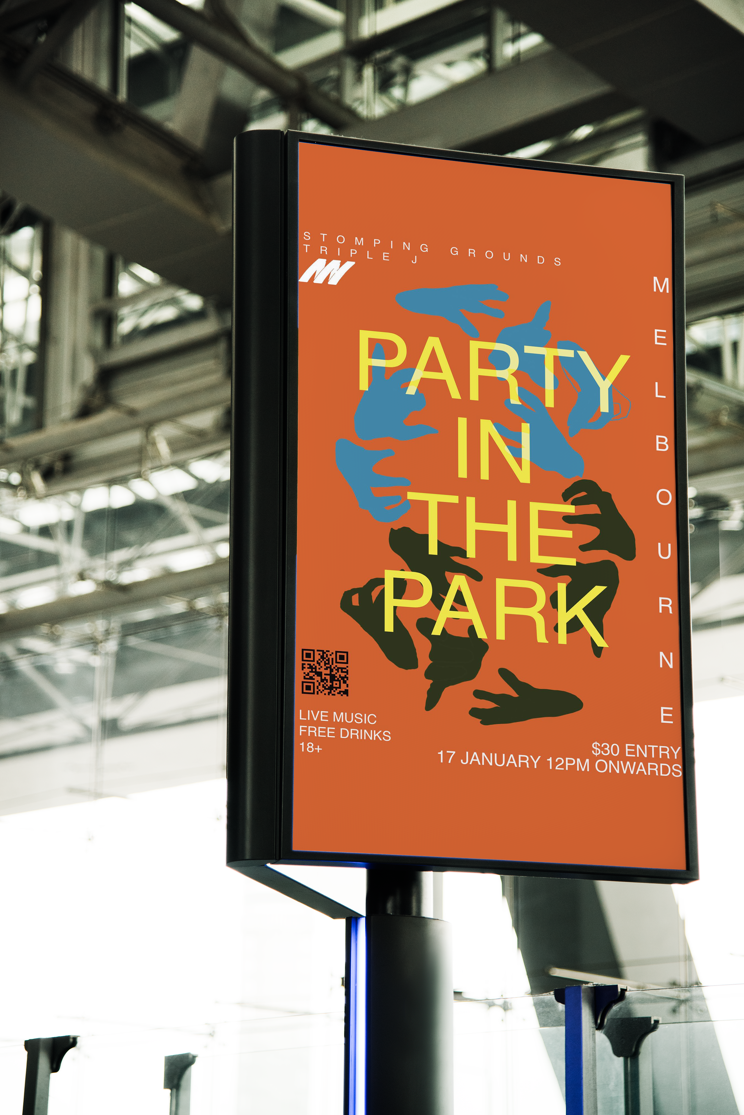 Digital billboard advertising a party event at Melborne, featuring vibrant graphic design with a blue, black, and yellow color scheme. It promotes the event with details about live music, free drinks, with a QR code for more information. The event is scheduled for January 17 at 12 PM with $30 entry, and is for ages 18 and above.