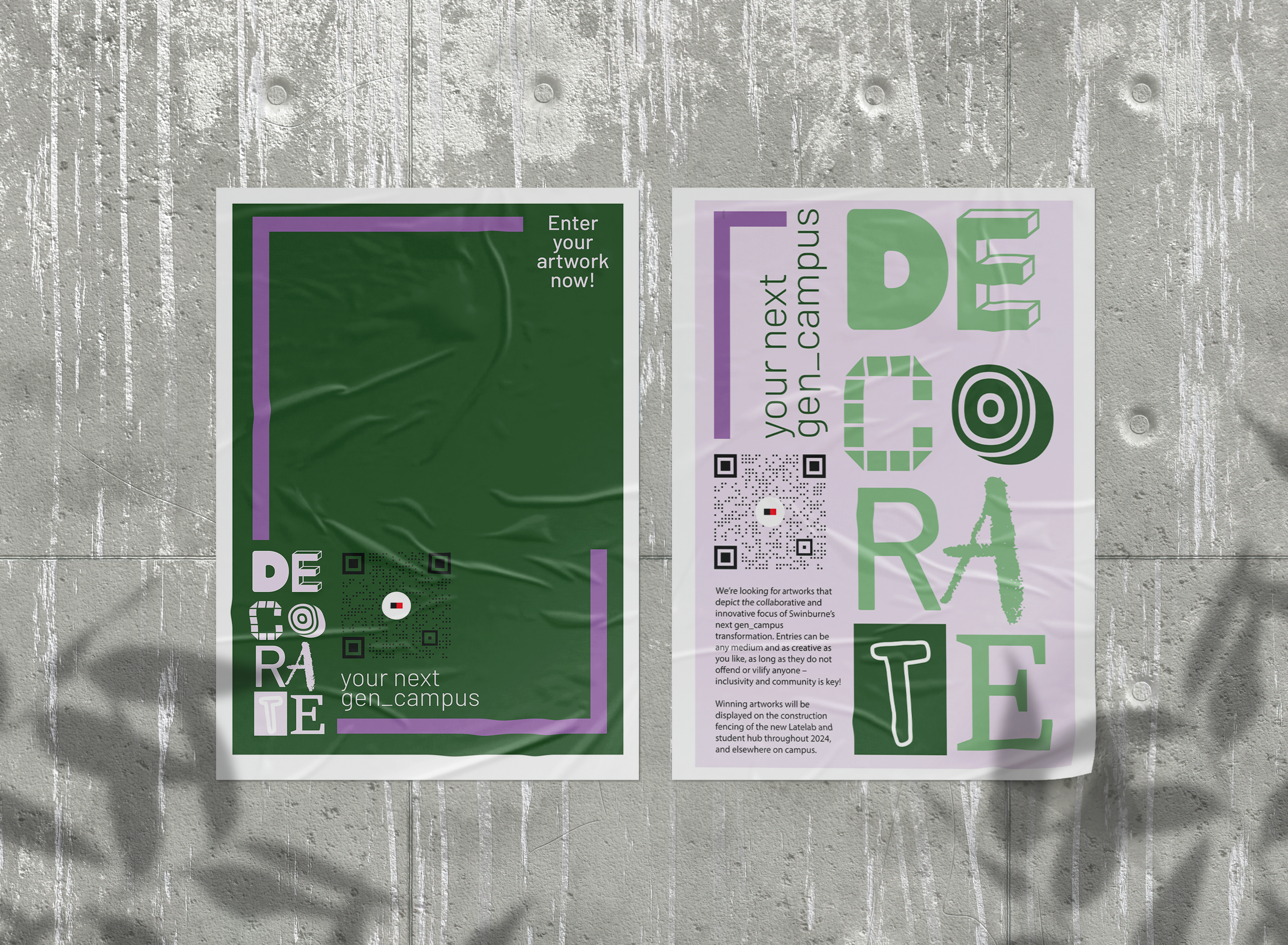 Two posters on a gray textured wall. One green and purple poster on the left invites artists to enter their artwork for a campus competition. The other large poster on the right promotes a venue for displaying artwork, emphasizing diversity, community, and creative expression.