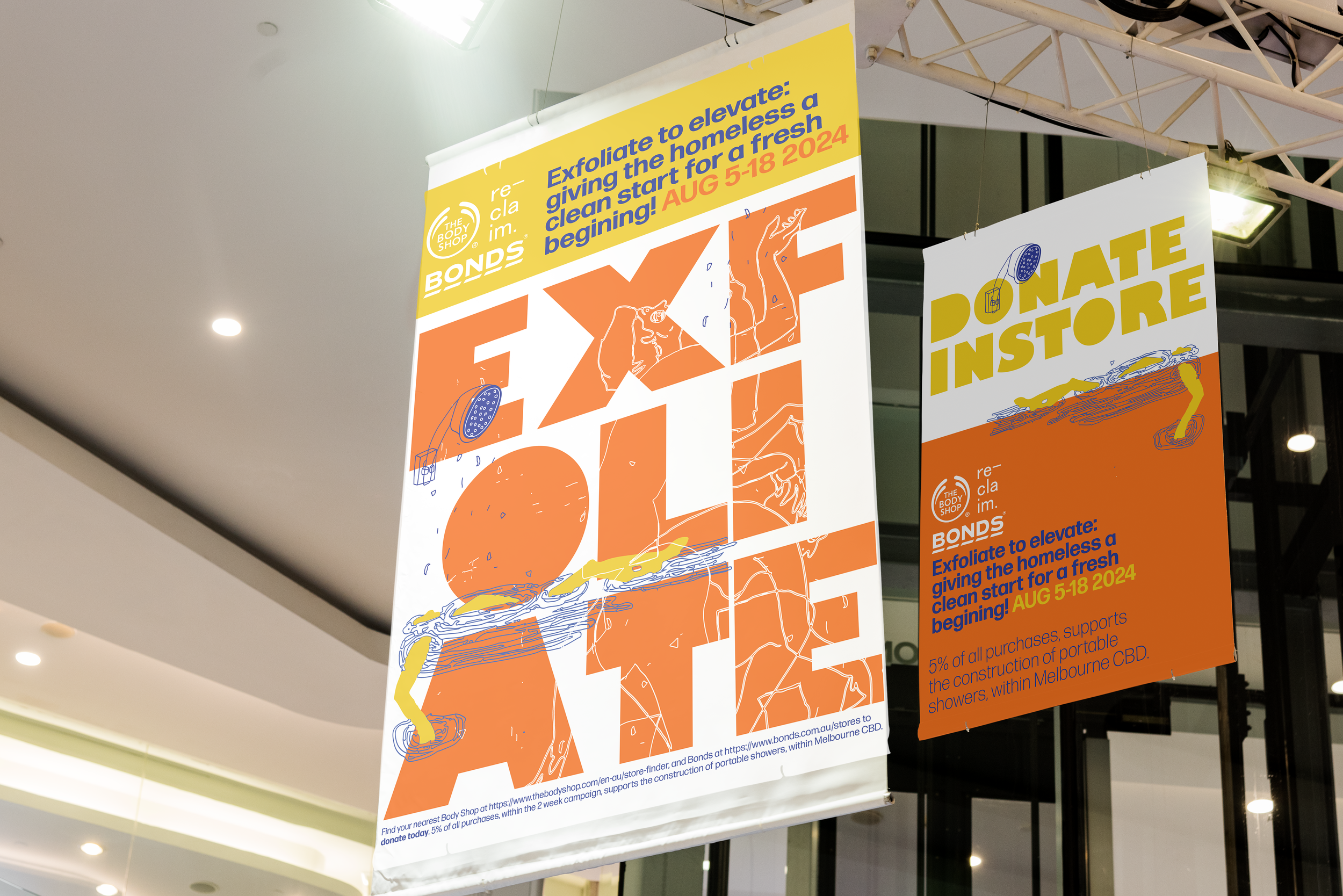 Signage promoting an event by The Body Shop and Bonds, encouraging donating to support the construction of portable showers for the homeless in Melbourne, Australia, from August 5 to 18, 2024.
