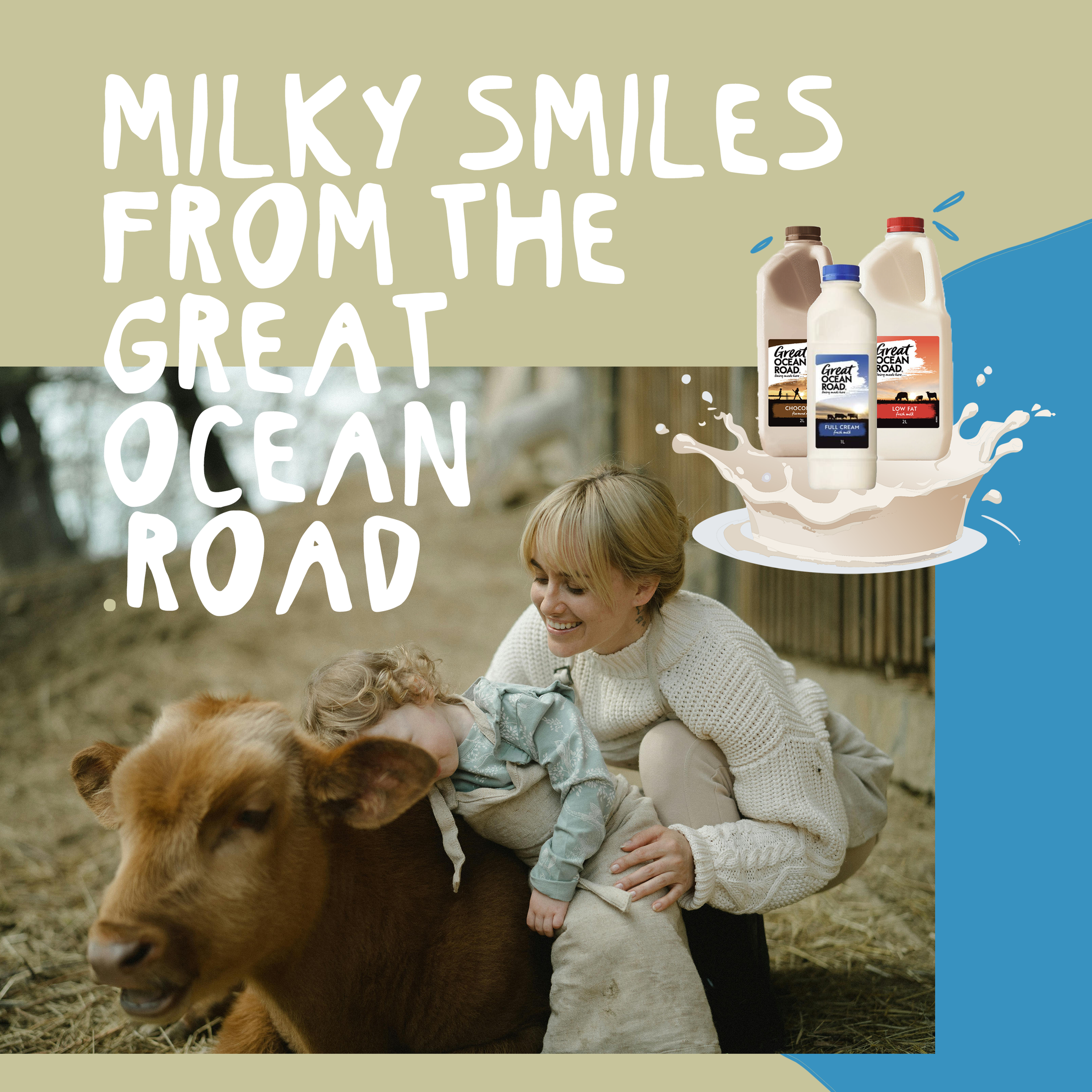 A woman and a young child petting a brown and white dog outdoors, with bottles of Ocean Road dairy products in the background.