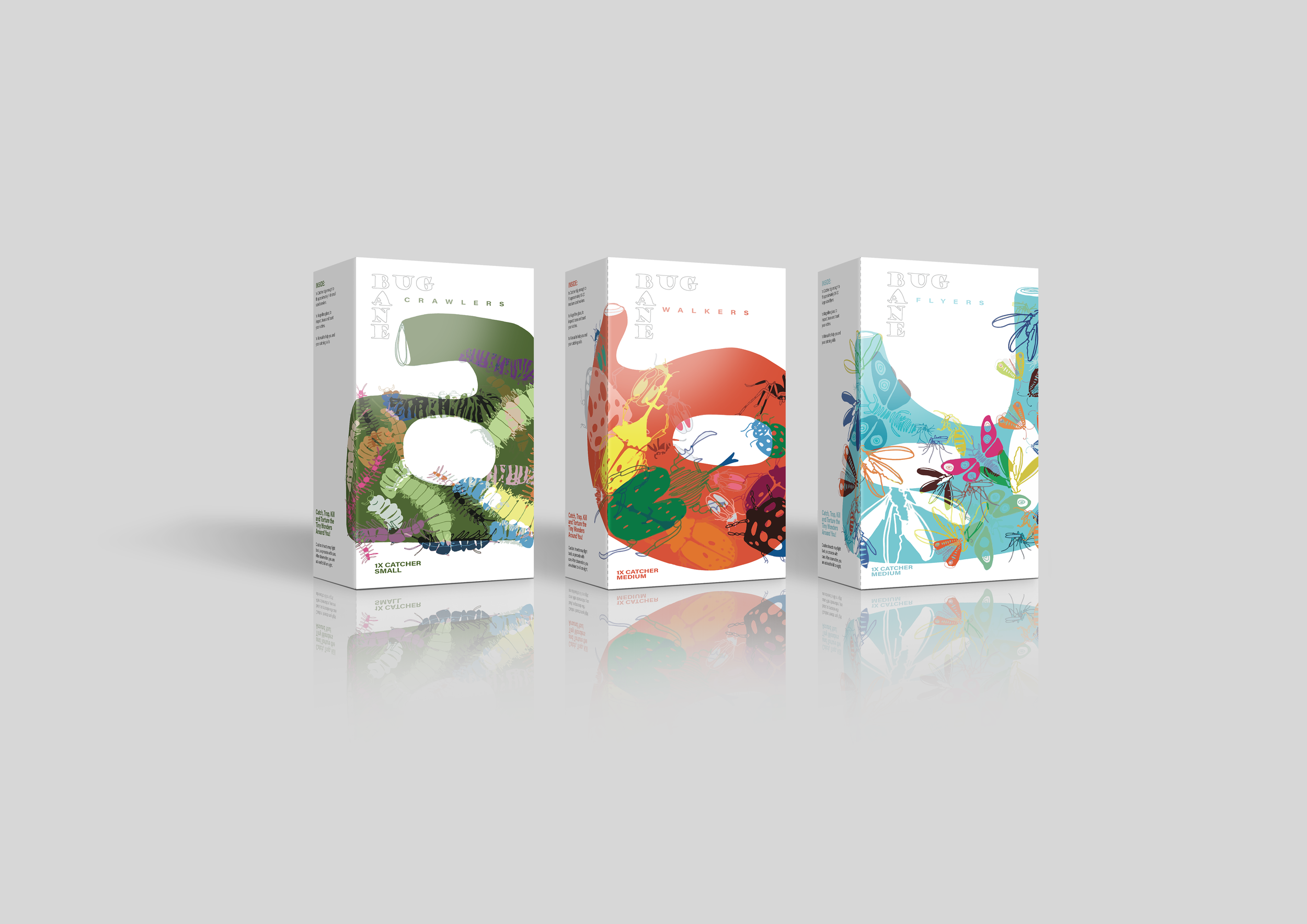 Three insect catching kits in different sizes and colors with illustrations of bugs and insects on their packaging.