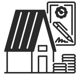 A house with an upward arrow, a clock, a pencil, and stacked coins, representing real estate investment or savings.