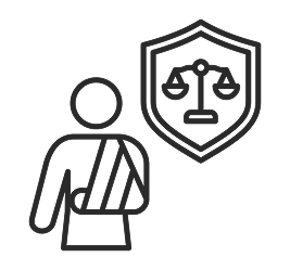 Line drawing of a person with a sling on their arm, standing in front of a shield with a courthouse scale emblem.