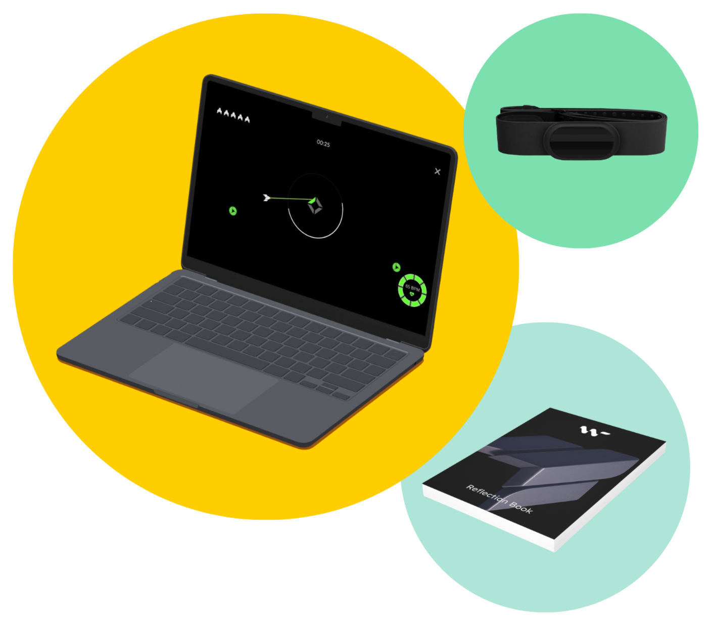A laptop displaying a space arcade-style video game on a yellow background, a a black fitness tracker or heart rate sensor on a green background, and a black reflection workbook with a stylised illustration of a spaceship on a blue background.