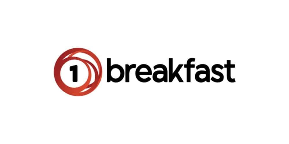Logo with a red swirl and the word 'breakfast' in black text. The logo of a news show called Breakfast on TVNZ.