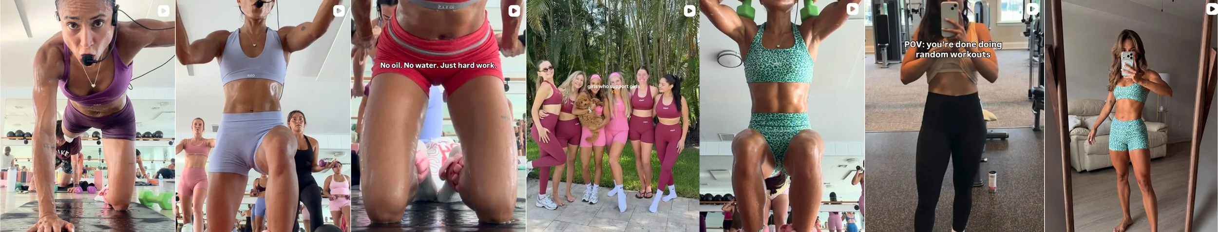 A series of women engaging in fitness activities, including workout poses and group exercise, in various indoor and outdoor settings.