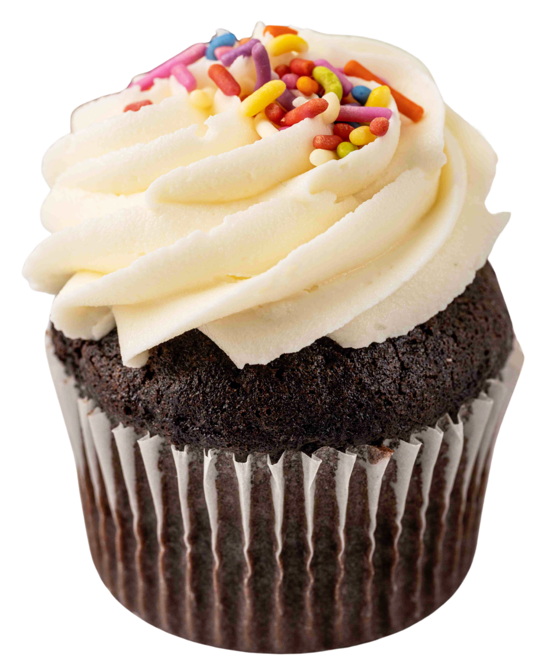 Chocolate cupcake with white frosting and colorful sprinkles.