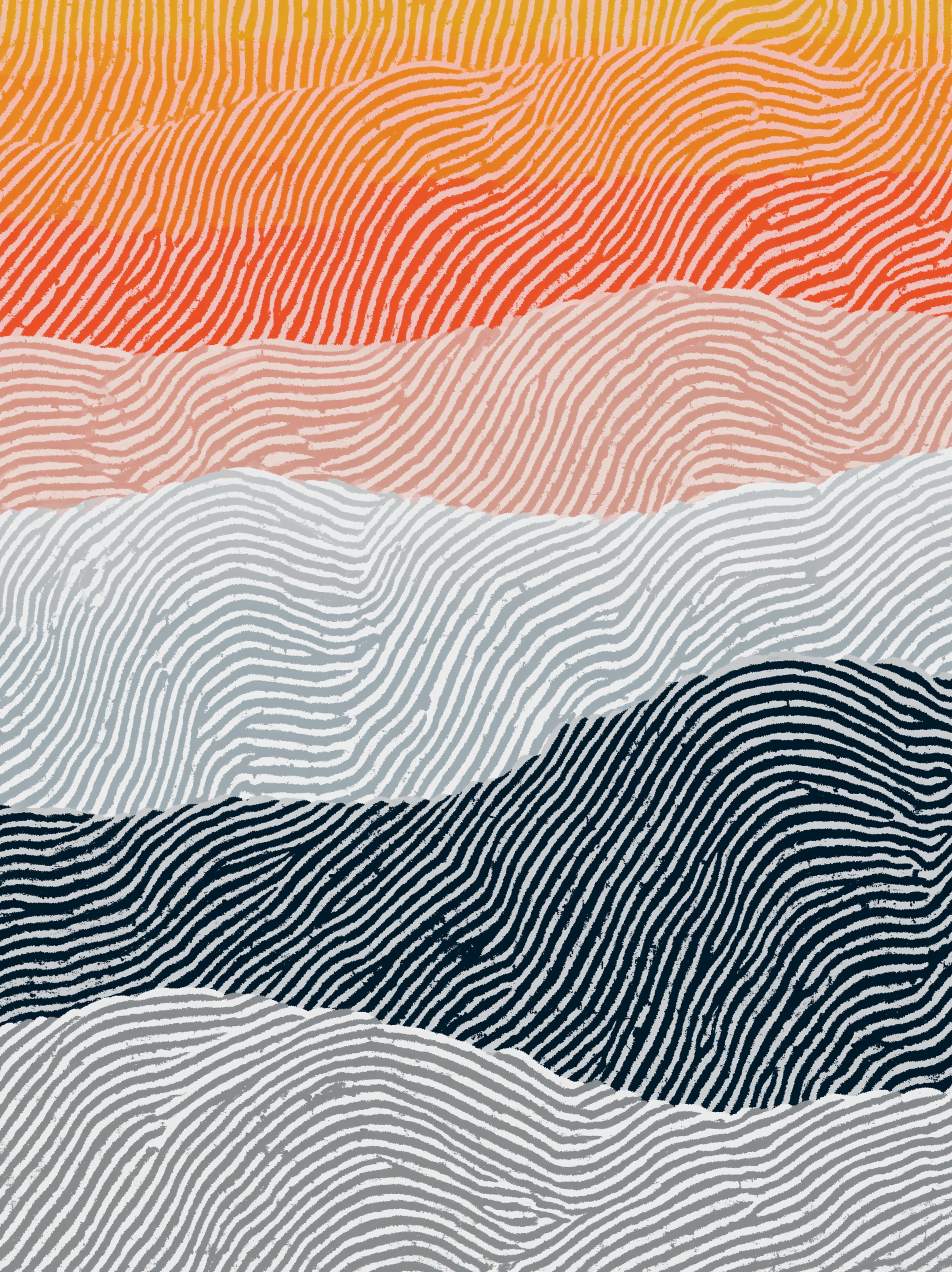 An abstract artwork featuring horizontal wavy lines in various shades of orange, pink, gray, and black.