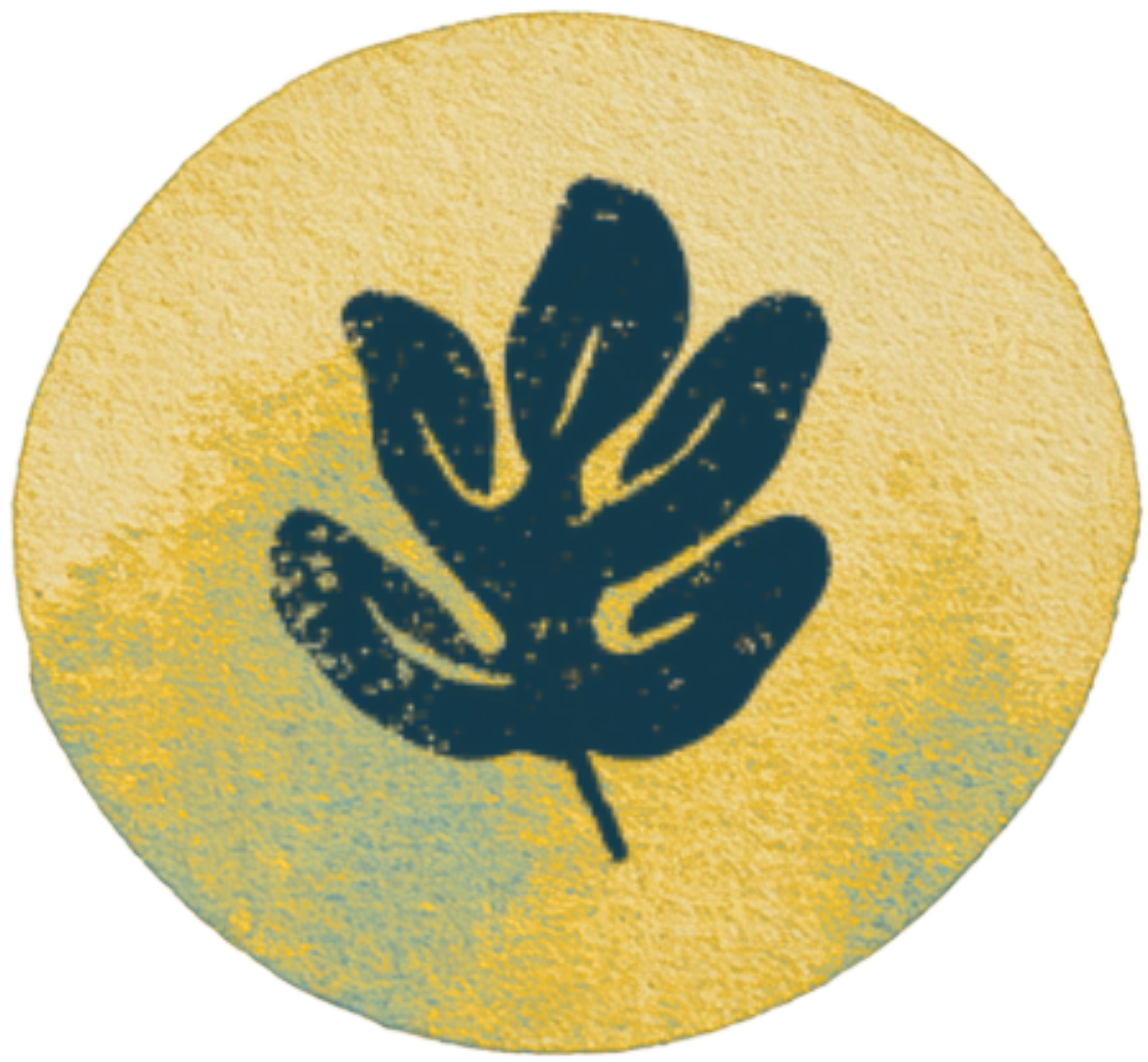 Illustration of a yellow circle with a navy blue plant or flower symbol in the center.