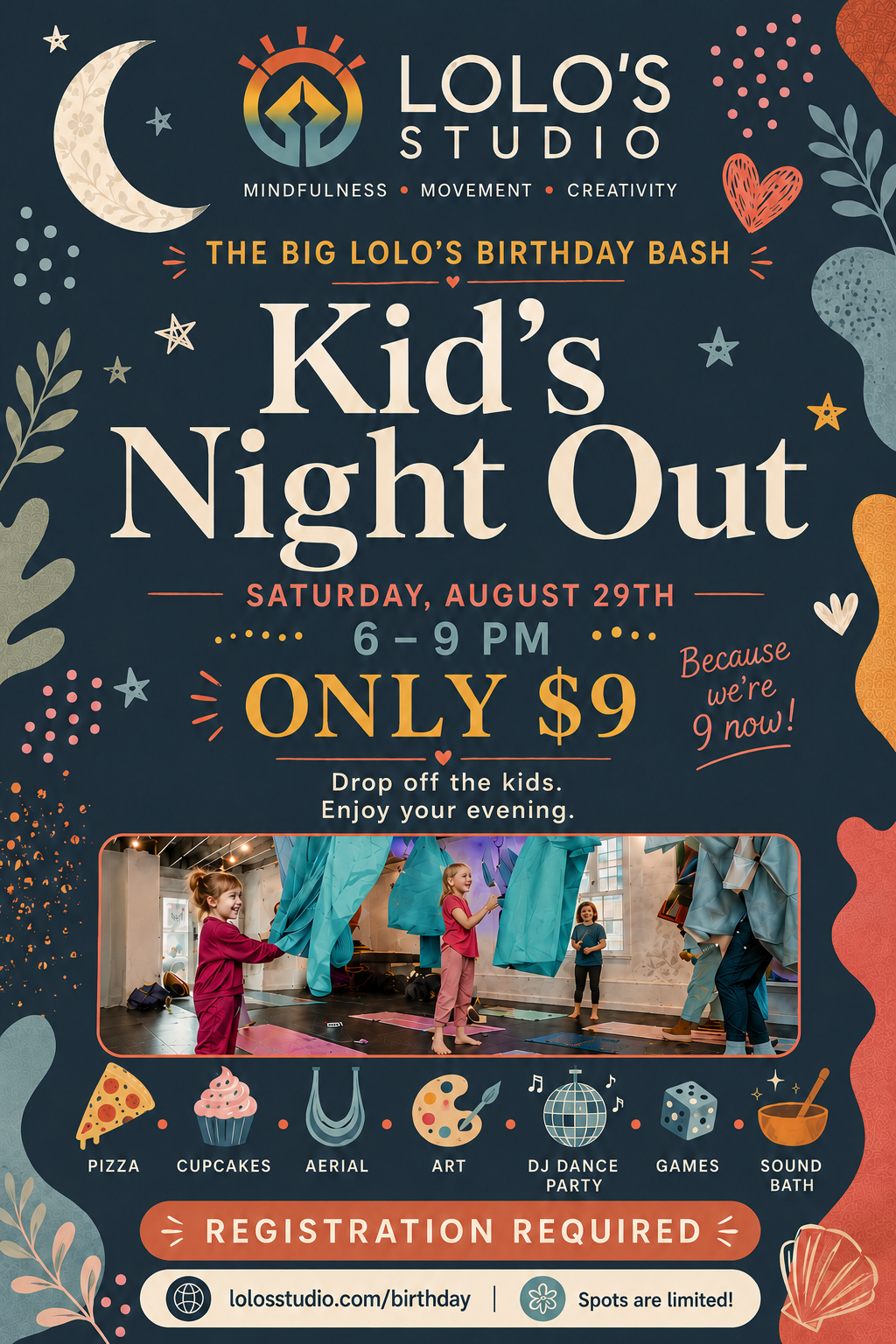 Flyer for Lolo's Studio Kid's Night Out birthday event on August 29th, 6-9 PM, cost $9. Includes a photo of children playing at the studio with decorations of hearts, stars, a moon, and art supplies.