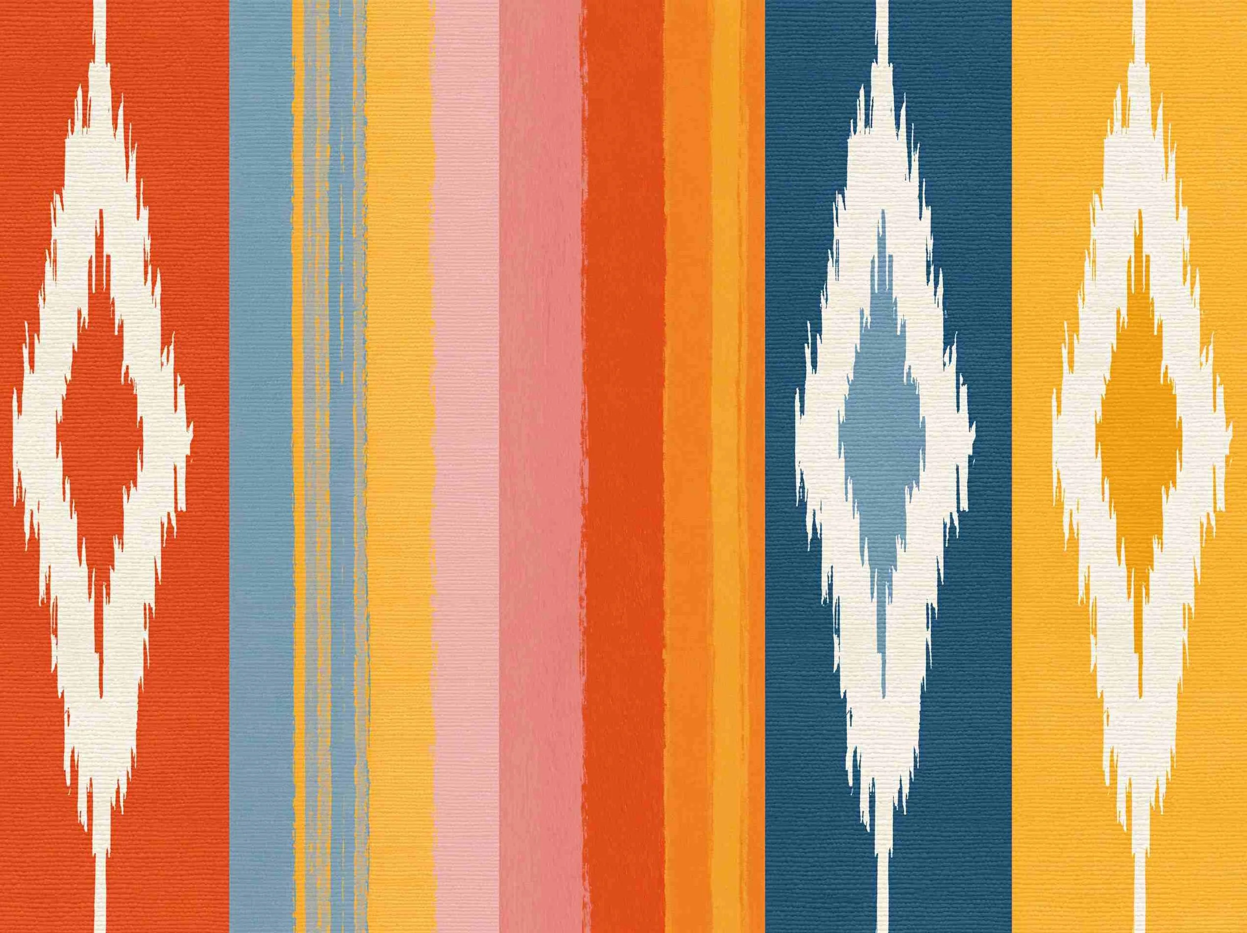 Colorful woven textile with vertical stripes including geometric patterns in orange, yellow, pink, blue, and white.