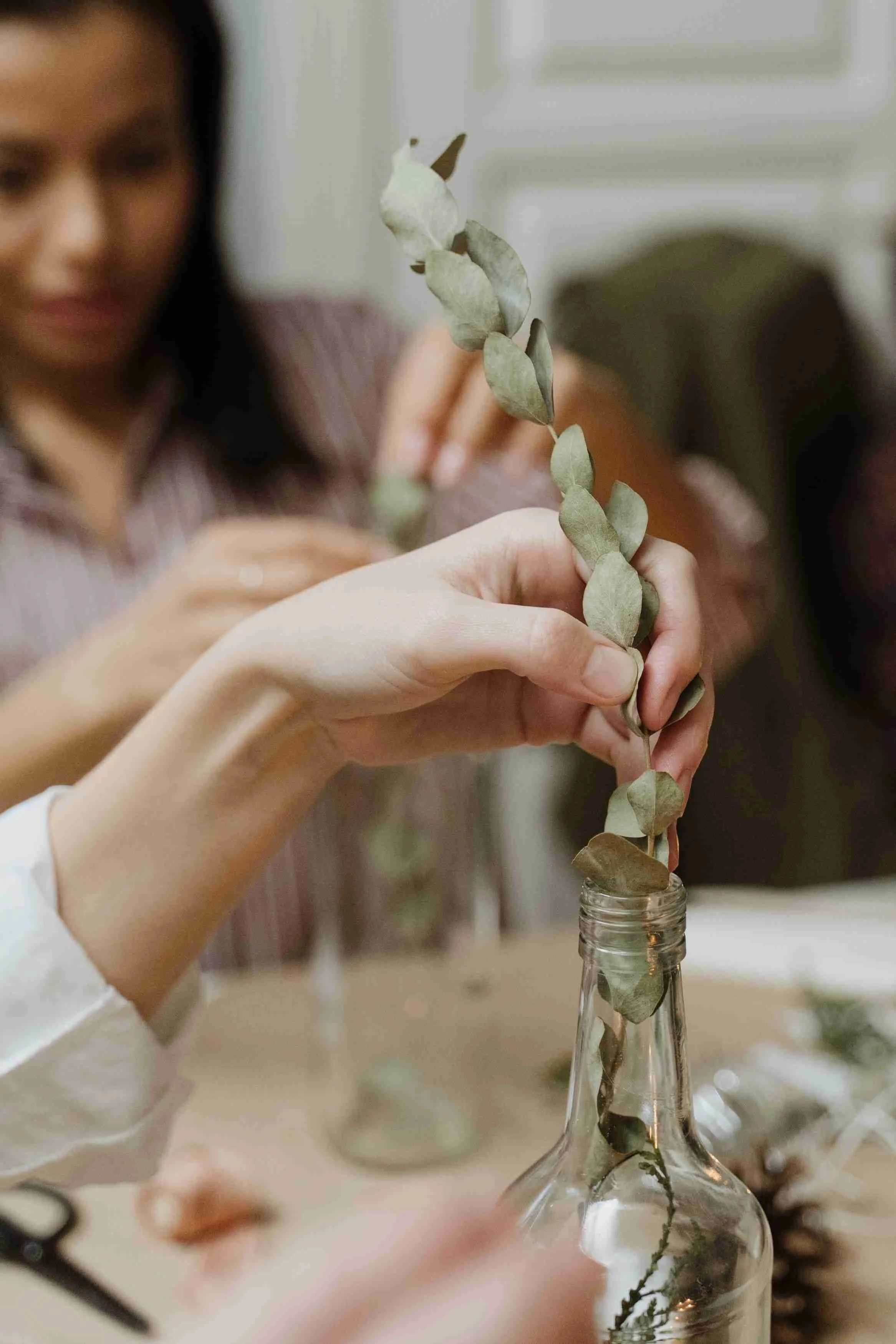 A person with dark hair, wearing a striped shirt, is examining a eucalyptus branch in their hand, which is being placed into a clear glass bottle.