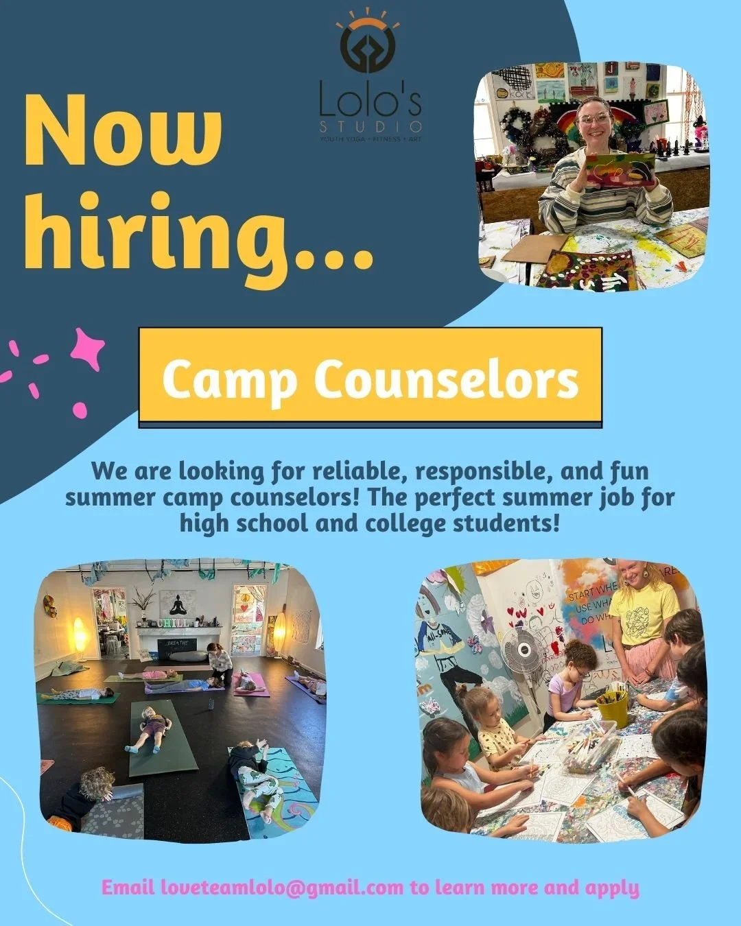 Flyer advertising summer camp counselor jobs, with photos of children participating in yoga and art activities, and contact email at the bottom.