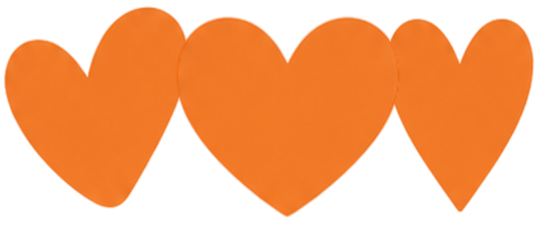 Four orange paper hearts arranged in a row against a transparent background.