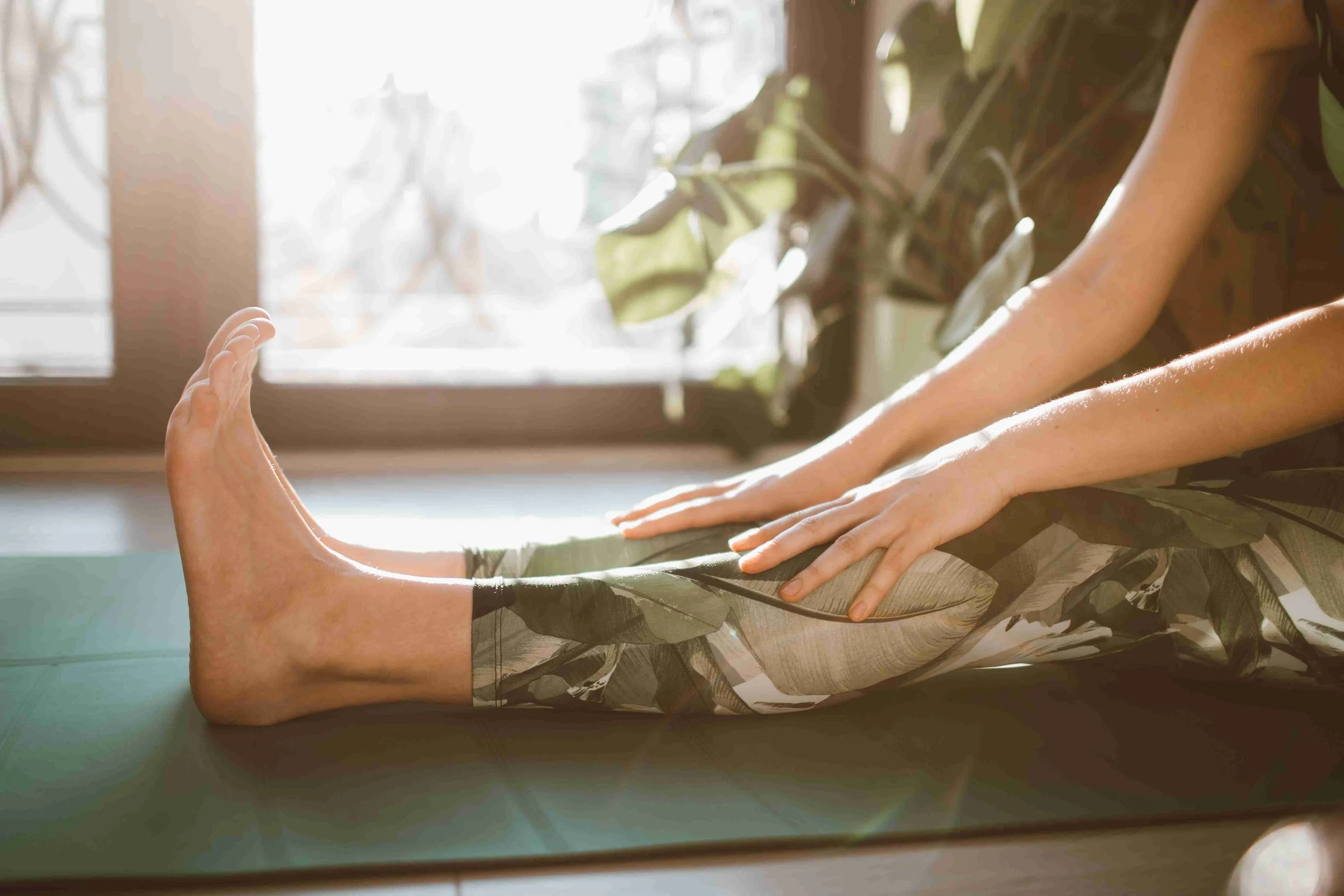 A person practicing yoga or stretching indoors, with sunlight coming through a window and plants in the background.