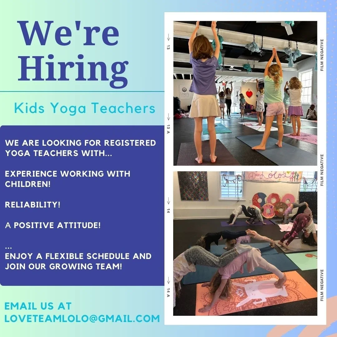 A kids' yoga teacher hiring flyer showing children practicing yoga in a studio with mats on the floor. The flyer includes text about seeking experienced kids' yoga teachers, emphasizing working with children, reliability, positive attitude, flexible schedule, and a contact email.