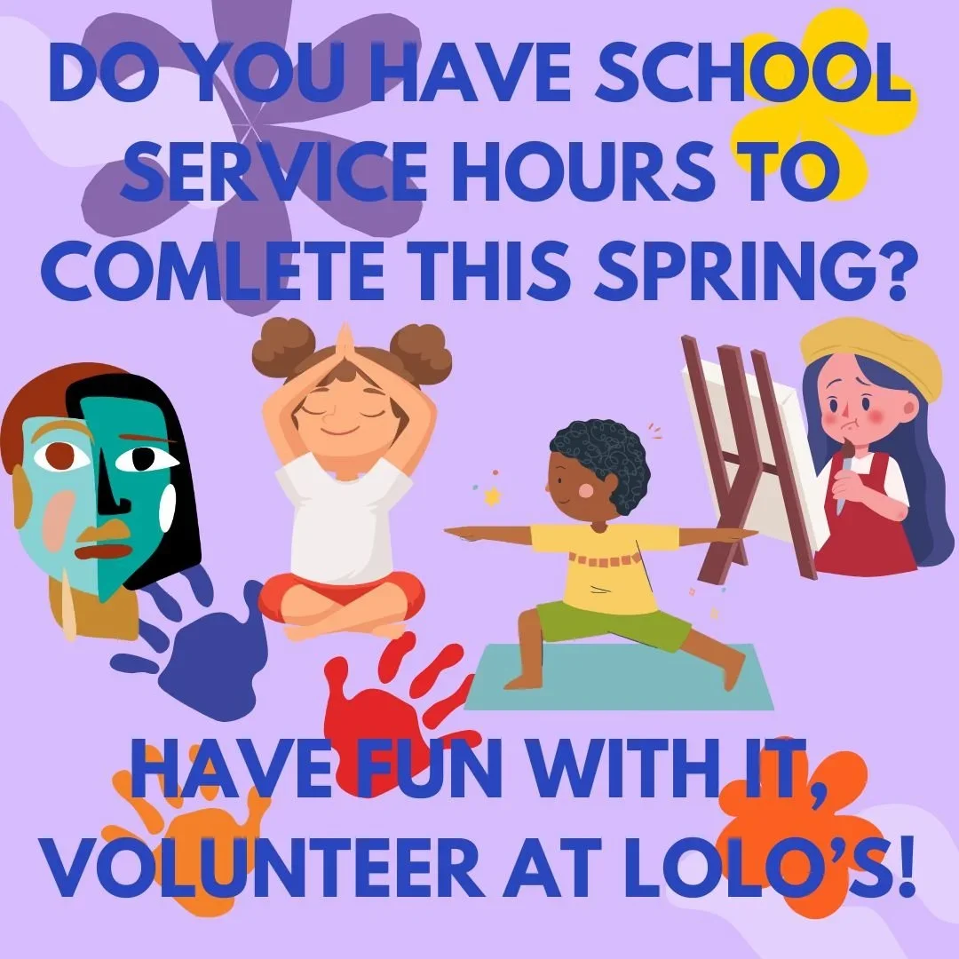 Colorful poster with illustrated children engaging in activities, and large text asking about school service hours and encouraging volunteering, with decorative floral and handprint graphics.