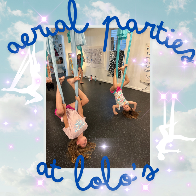 Two young girls are hanging upside down from aerial silks in a gym, with a third girl in the background. The photo is decorated with a sky and cloud-themed border and the text 'aerial parties at Lolo's' in blue cursive.