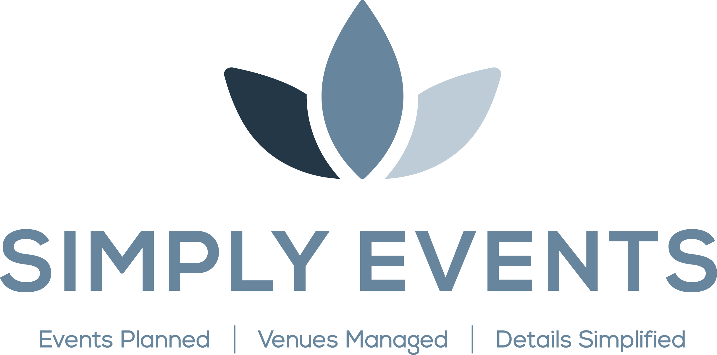 Logo for Simply Events featuring a stylized flower with three petals in shades of blue and gray, with the text 'SIMPLY EVENTS' beneath, and a tagline indicating event planning, venue management, and simplified details.