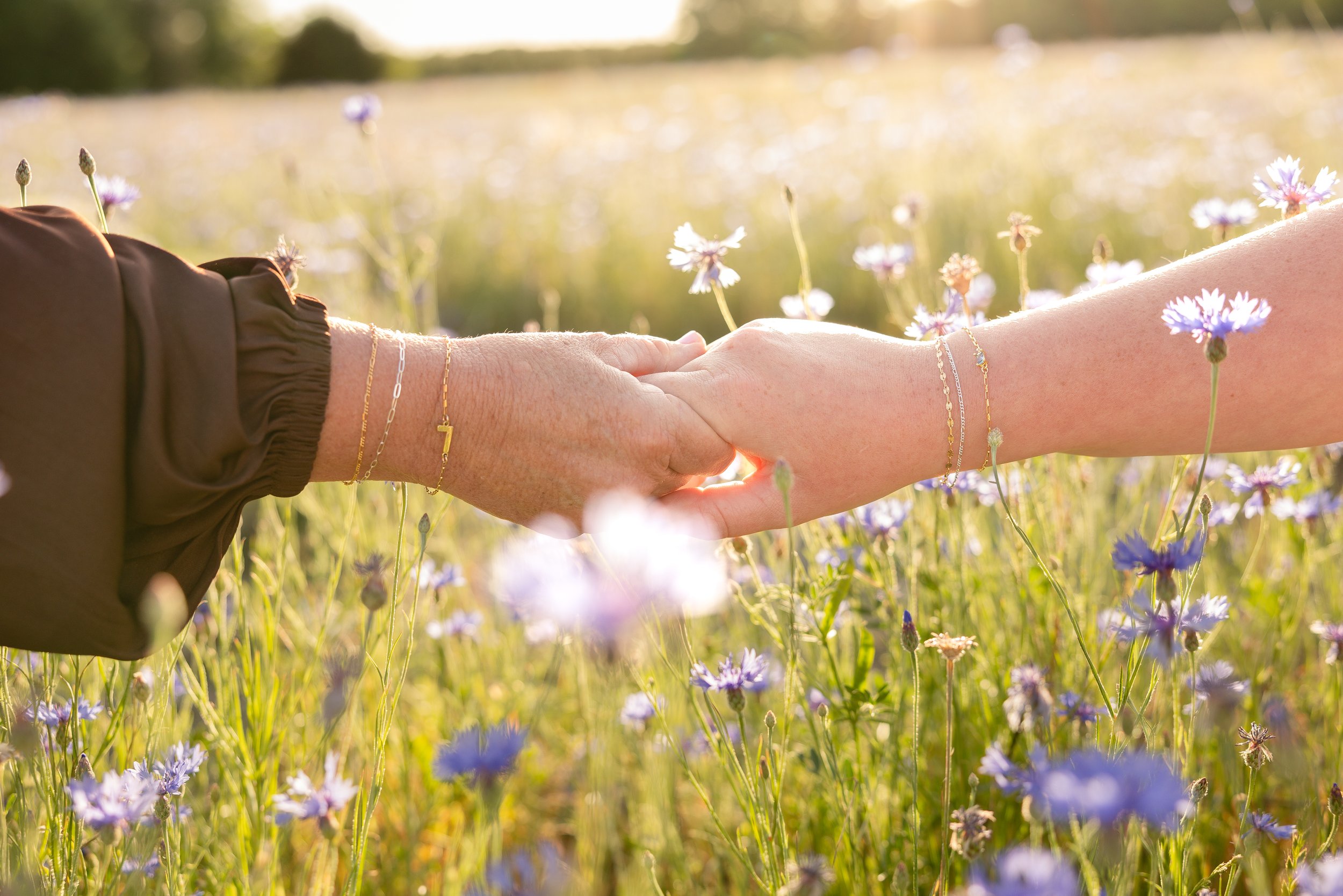 Two people holding hands in a field of purple flowers with sunlight shining in the background.