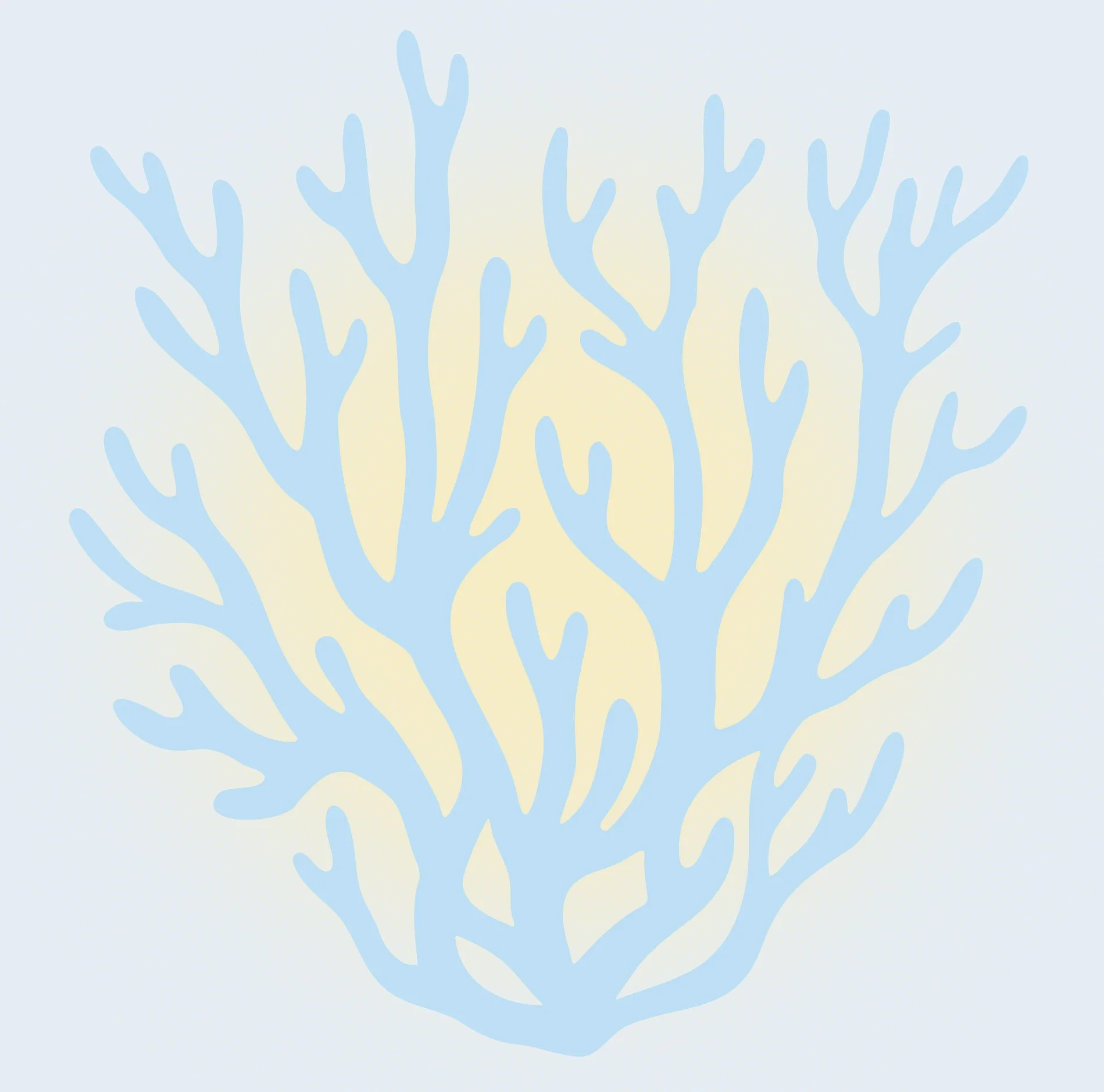 An illustration of coral in light blue, a soft yellow gradient is seen behind.