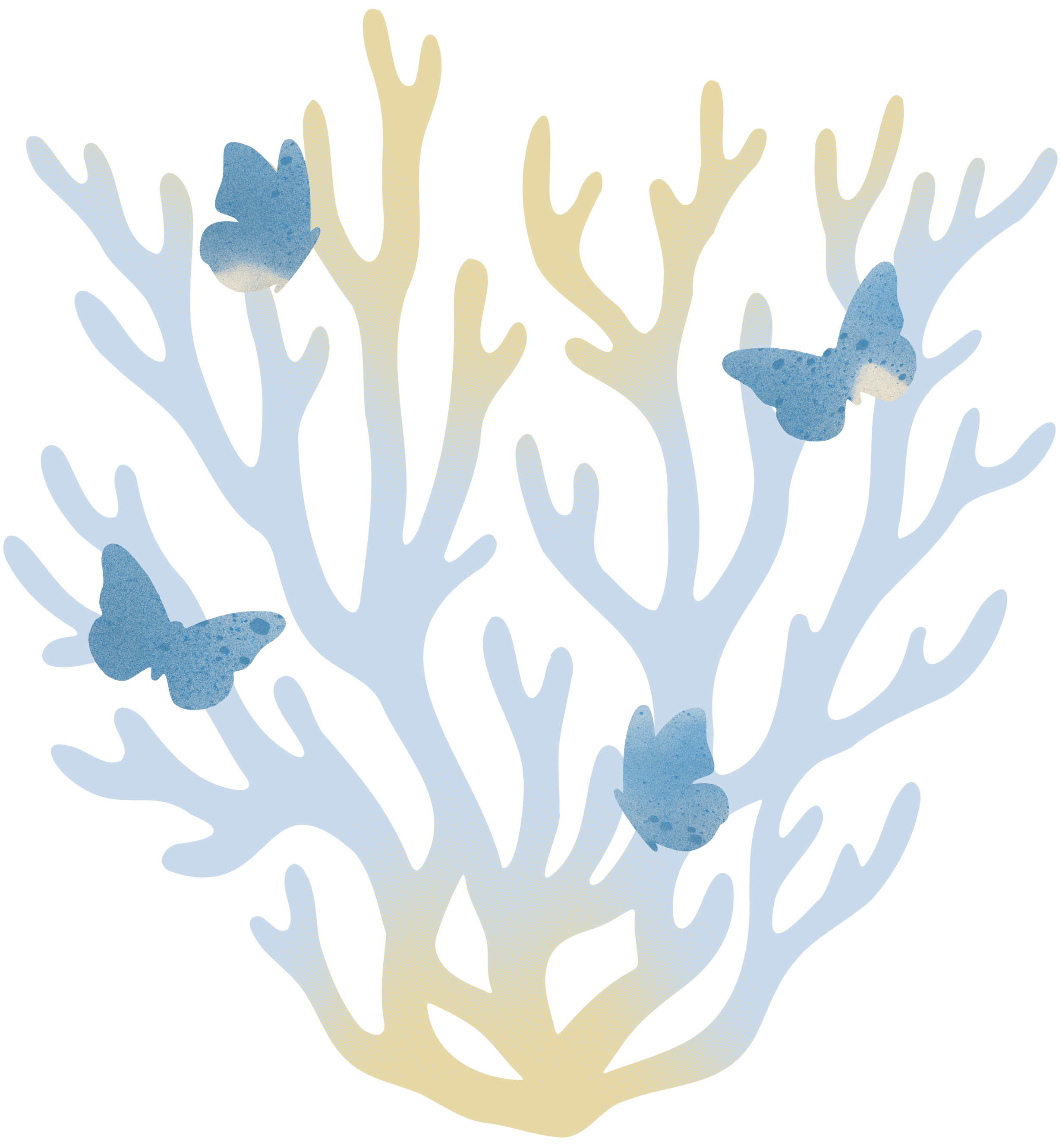 A watercolour illustration of a coral, with butterflies flitting between it's branches.
