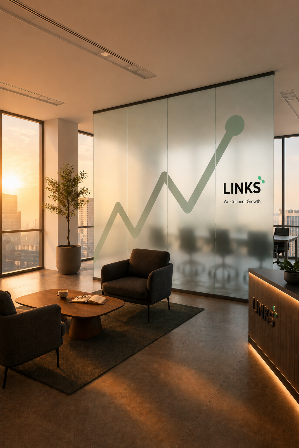 Modern office lounge with a large window showing a cityscape at sunset, a potted plant, and a wall with a logo and upward trending graph. Contains two armchairs, a coffee table with a book and a mug, and a reception desk with lighting.